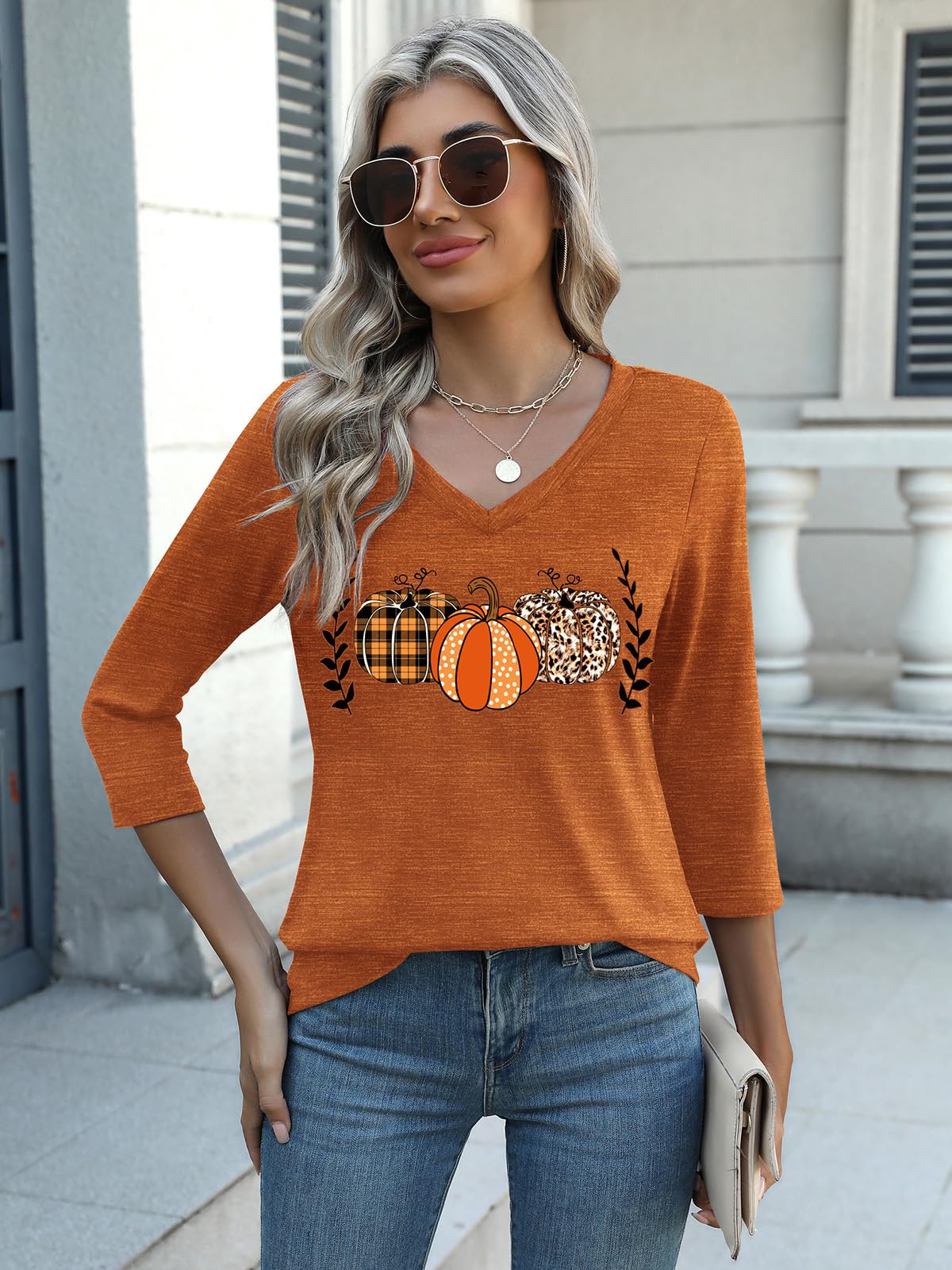 Zeagoo Halloween Pumpkin Shirts Women Fall T-Shirts Cute Autumn Graphic Tees Thanksgiving Tops Halloween Shirts 3/4 Sleeve V-Neck T Shirt