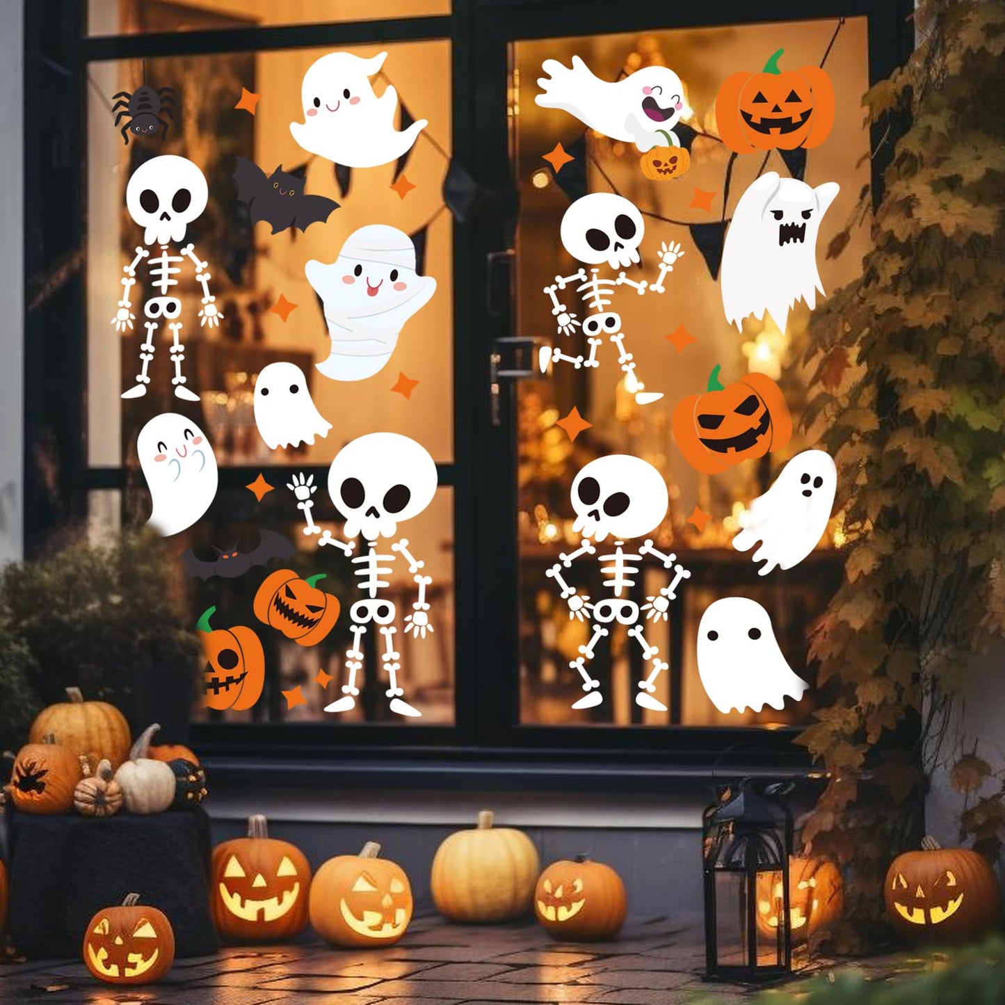 Whaline 9 Sheet Halloween Window Clings Cute Cartoon Ghost Pumpkin Skeleton Reusable Window Decals for Home Classroom Office Haunted Party Decor