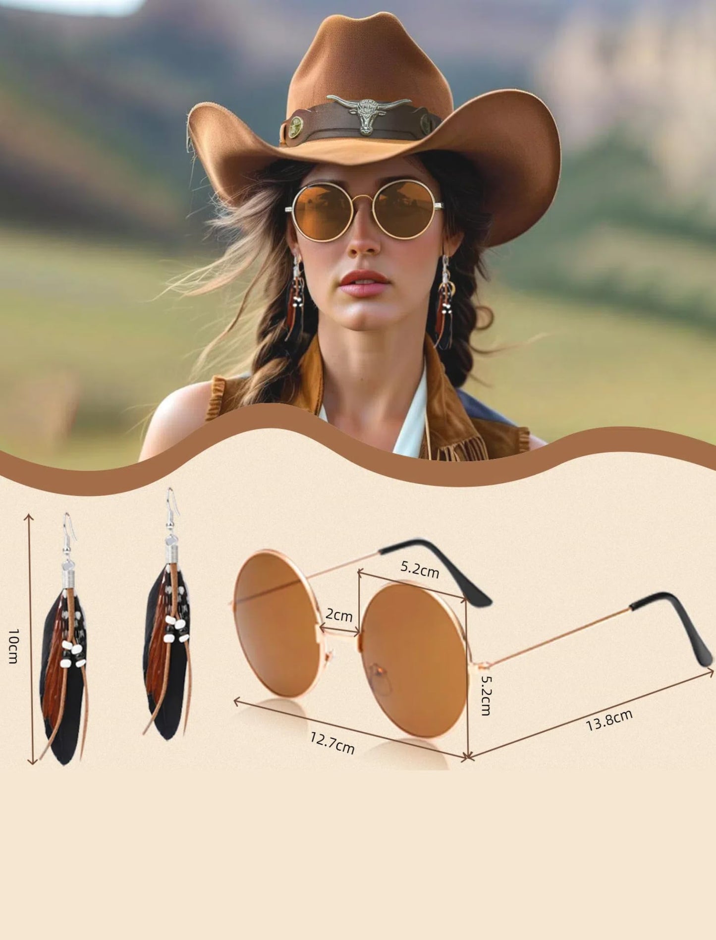 6 PC Cowgirl Western Outfits for Women Retro Cowgirl Costumes Fringe Vest Cow Girl Hat for Women Country 70s Hippie Outits (Brown, S)