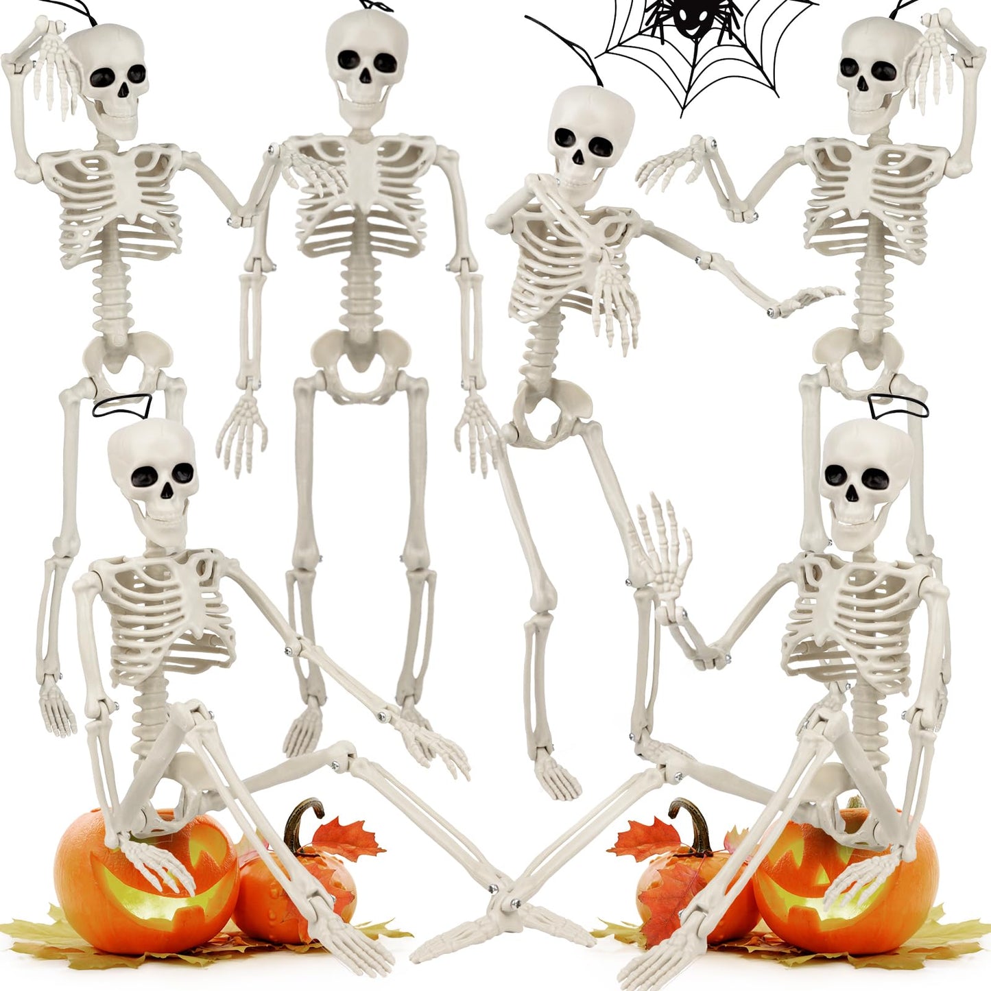 6 Pack Halloween Skeleton Decorations Outdoor: 16" Full Body Skeleton With Movable Posable Joints - Spooky Halloween Props for Yard, Garden, Lawn, Haunted House, Graveyard Decor