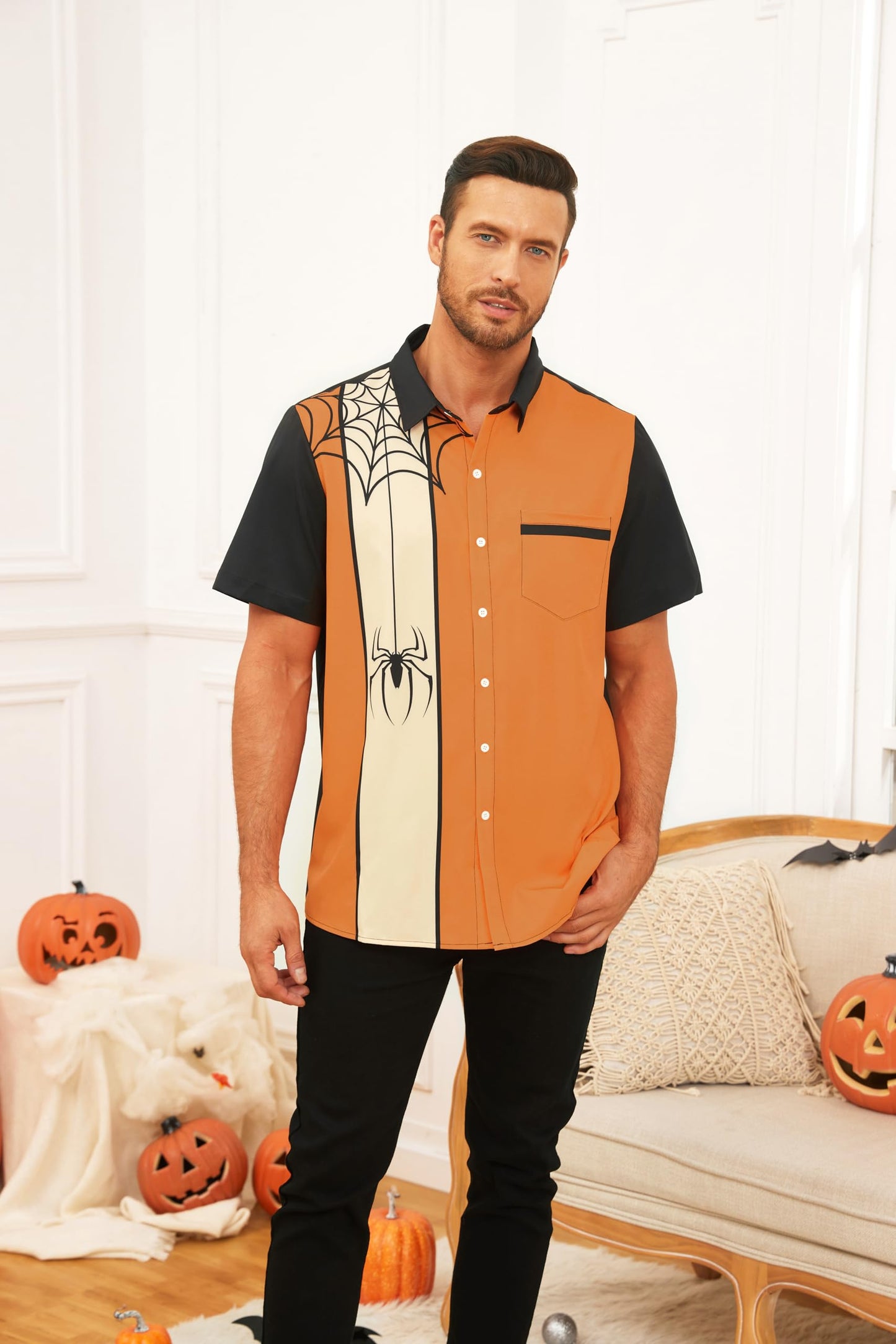 WHO IN SHOP Men's Halloween Shirts Cute Scary Horror Short Sleeve Button Up Shirt