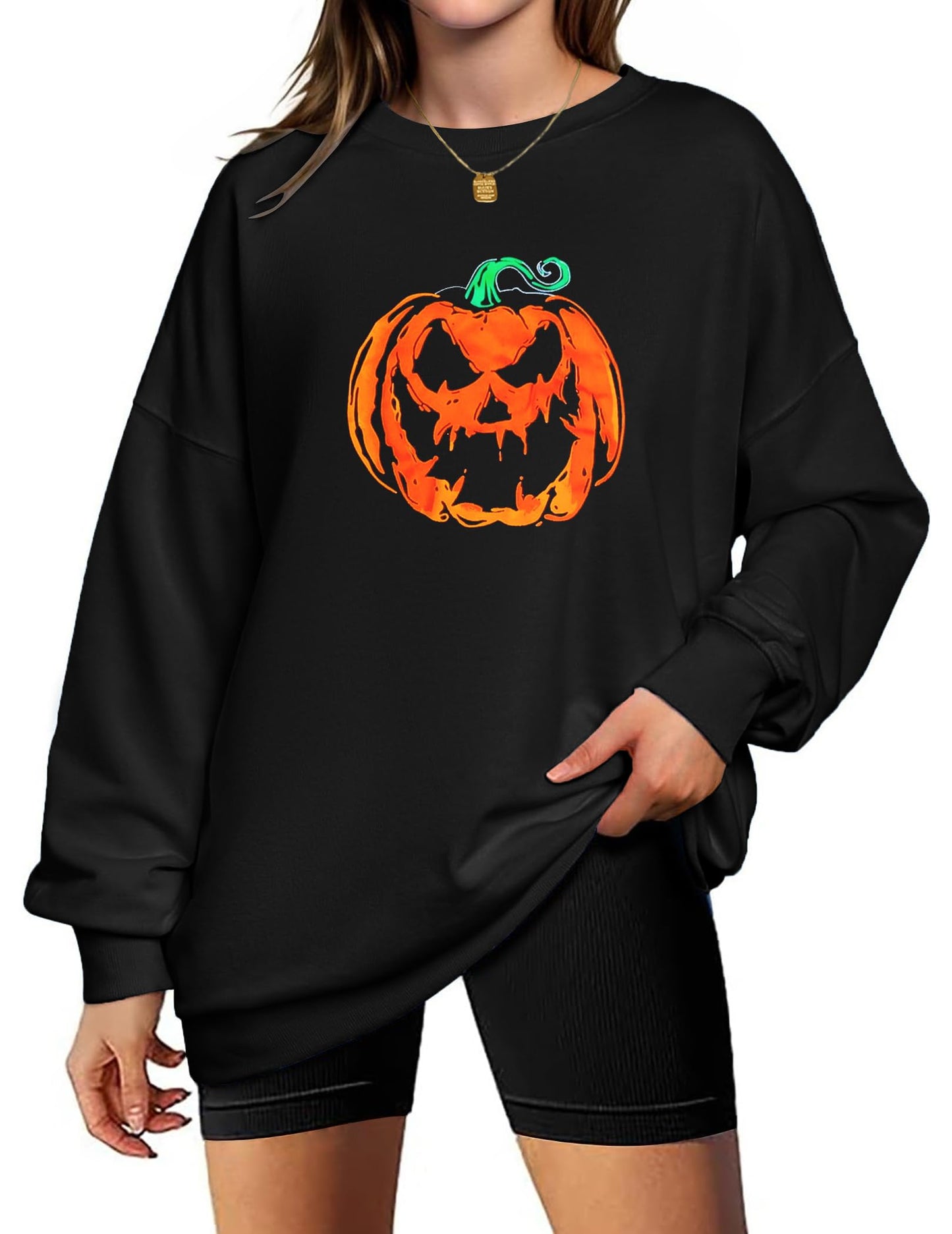 Zeagoo Women's Halloween Pumkin Face Sweatshirts Hocus Pocus Long Sleeve Shirt Spooky Skeleton Pullover Tops Black Pumpkin S