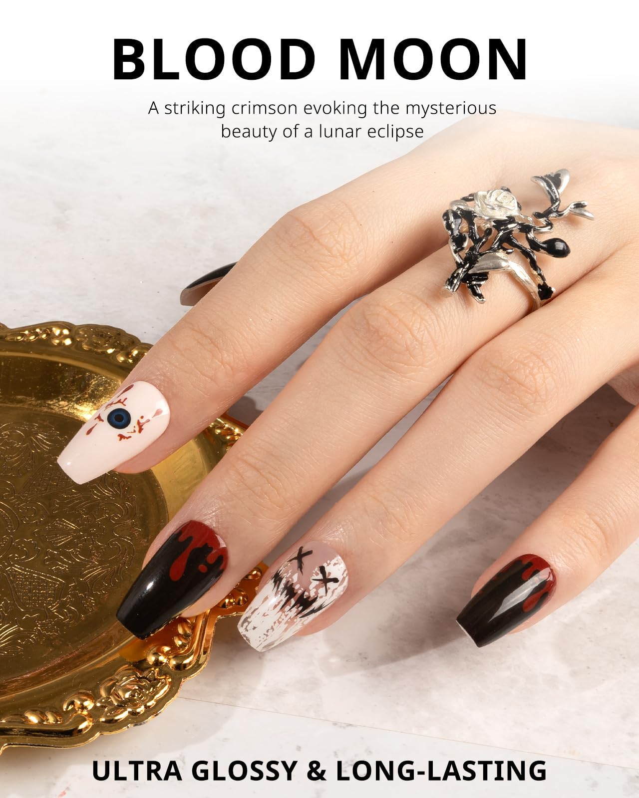 AIRSEE Semi Cured Gel Nail Strips Kit(Blood Moon)-Works with Any UV Nail Lamps Light,Halloween Long Lasting, Easy to Apply & Remove - Includes 20Pcs 2 Prep Pads, Nail File & Wooden Stick