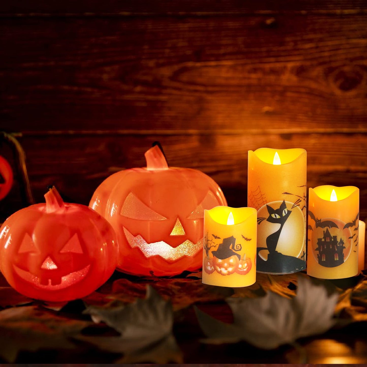 CANDLE CHOICE Halloween Flameless Candles with Remote Timer Real Wax Realistic Flickering Fake Electric Battery Operated LED Pillars with Halloween Theme Decals for Halloween Party Decorations 3 Pack