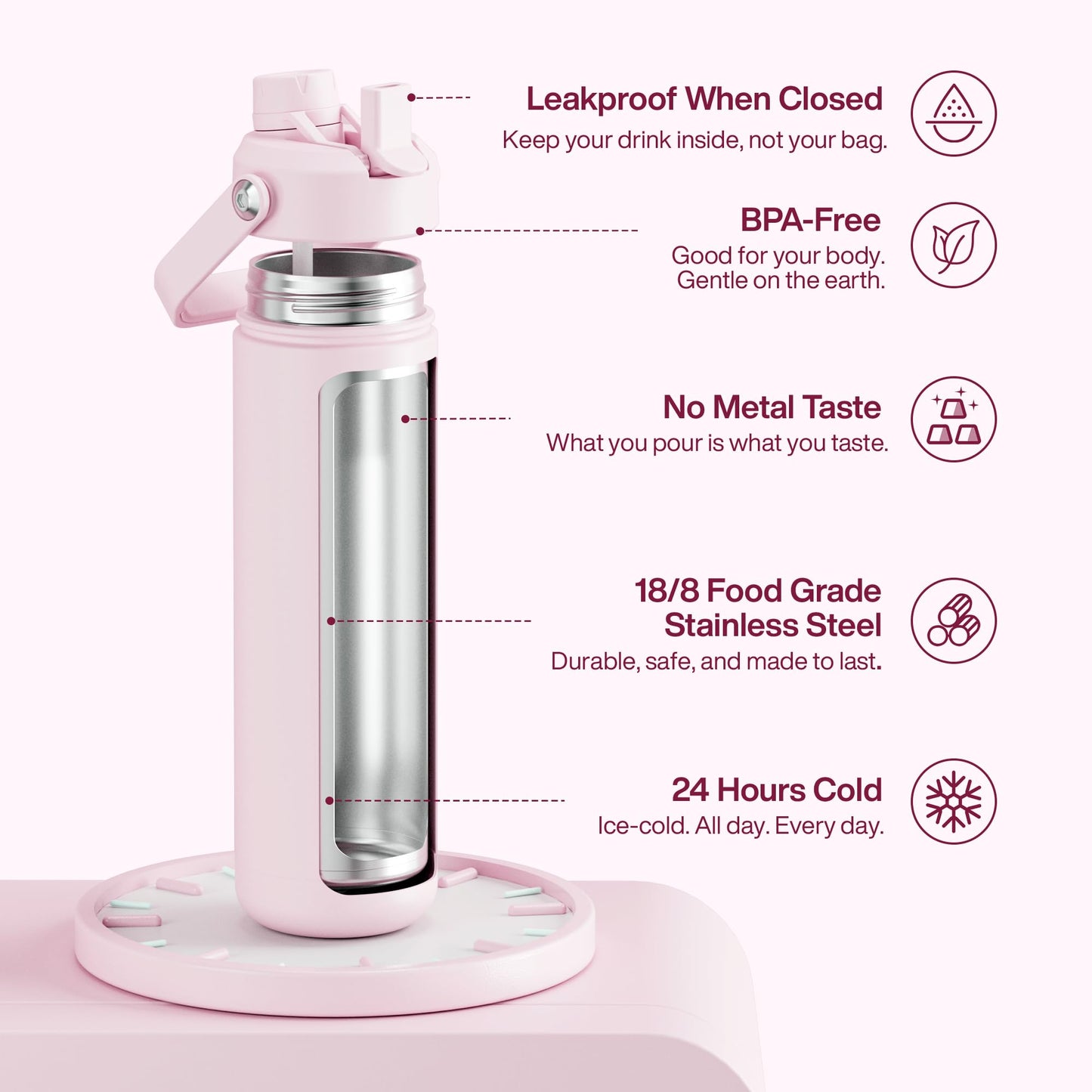 Insulated Water Bottle with Straw - Encool Stainless Steel Water Bottle, Leak-Proof, BPA-Free, Double Wall Vacuum Keeps Cold for 24 Hours for Sports, Travel, School (26 oz, Cotton Candy)