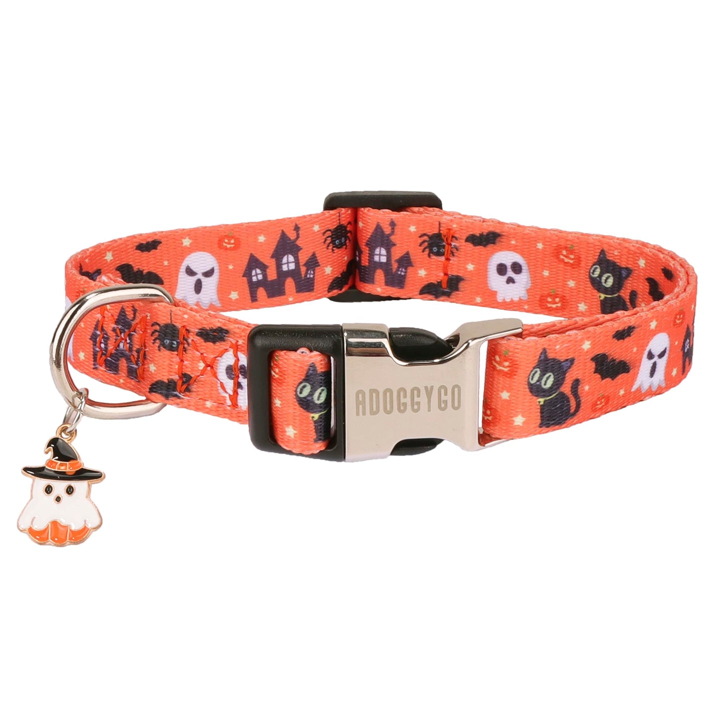 ADOGGYGO Halloween Dog Collar, Adjustable Orange Ghost Halloween Collars for Small Medium Large Dogs (Medium)