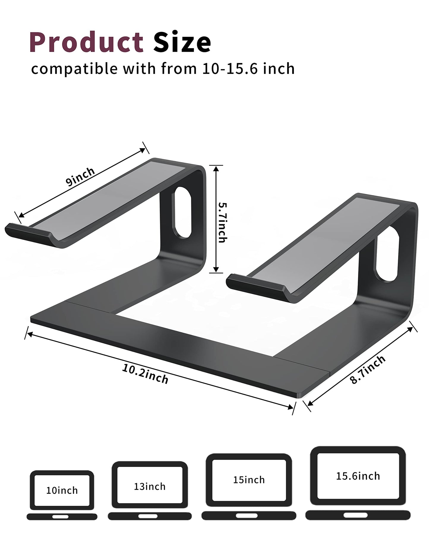 ALASHI Laptop Stand for Desk, Aluminum Computer Riser, Ergonomic Notebook Holder, Detachable Metal Laptops Elevator, PC Cooling Mount Support 10 to 15.6 Inches Notebook, Black