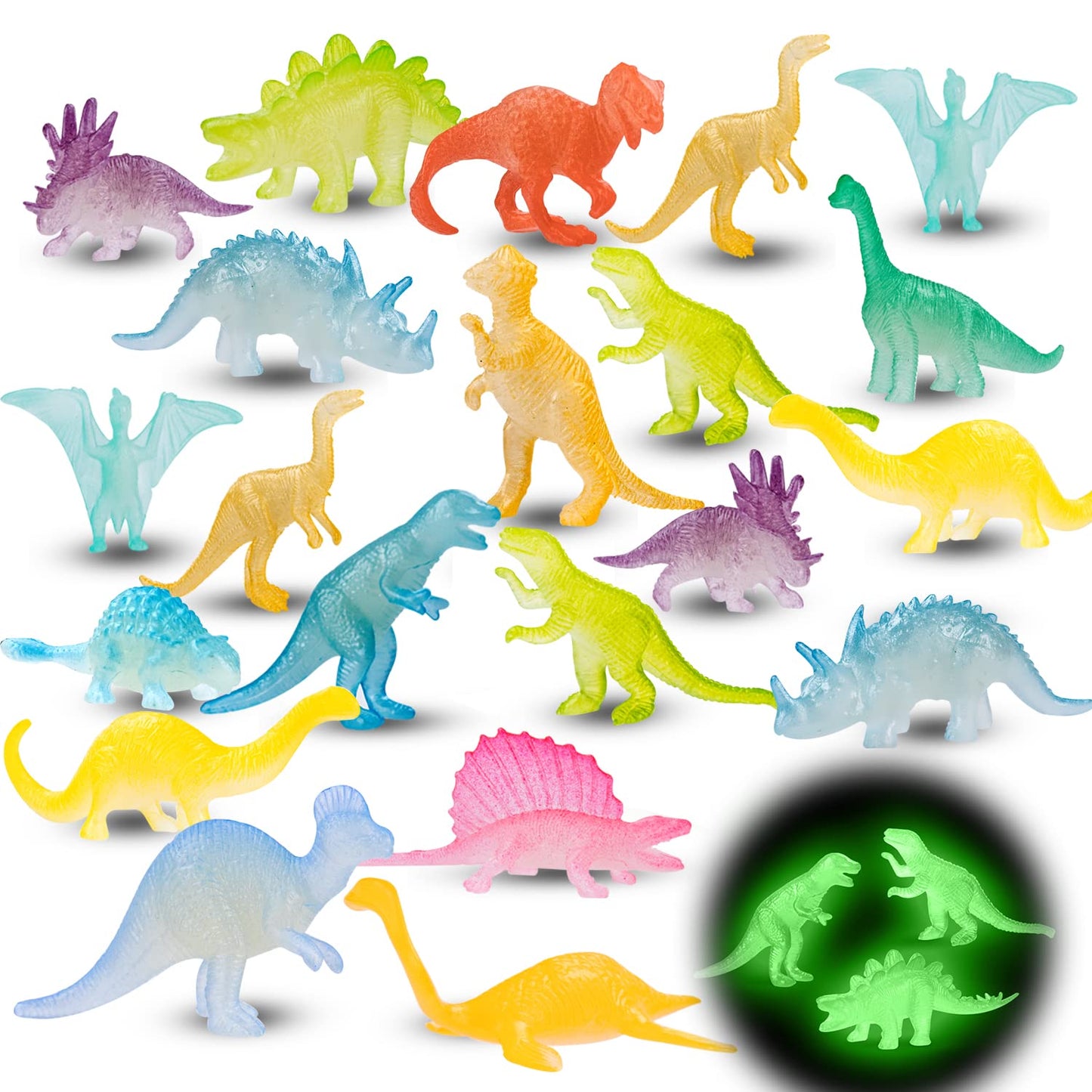 48Pcs Glow in Dark Mini Dinosaur Figures Birthday Party Favors Supplies Dino Cupcake Toppers Pinata Goodie Bags Stuffers Classroom Prizes Carnival Treasure Box Trinkets Bulk Toy Kids Goody Treat Gifts