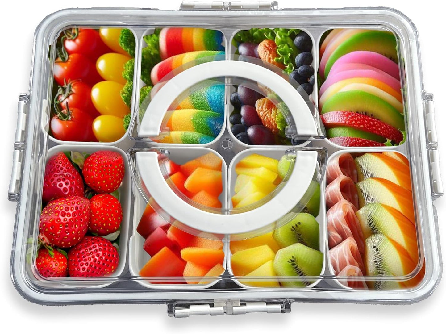 HRXFOZ Divided Serving Tray with Lid and Handle,8 Compartments Snacks Box,Snack Fruit and Veggie Tray,Portable Platter for Candy Fruits Nuts Snack Party Entertaining Picnic (1 PCS)