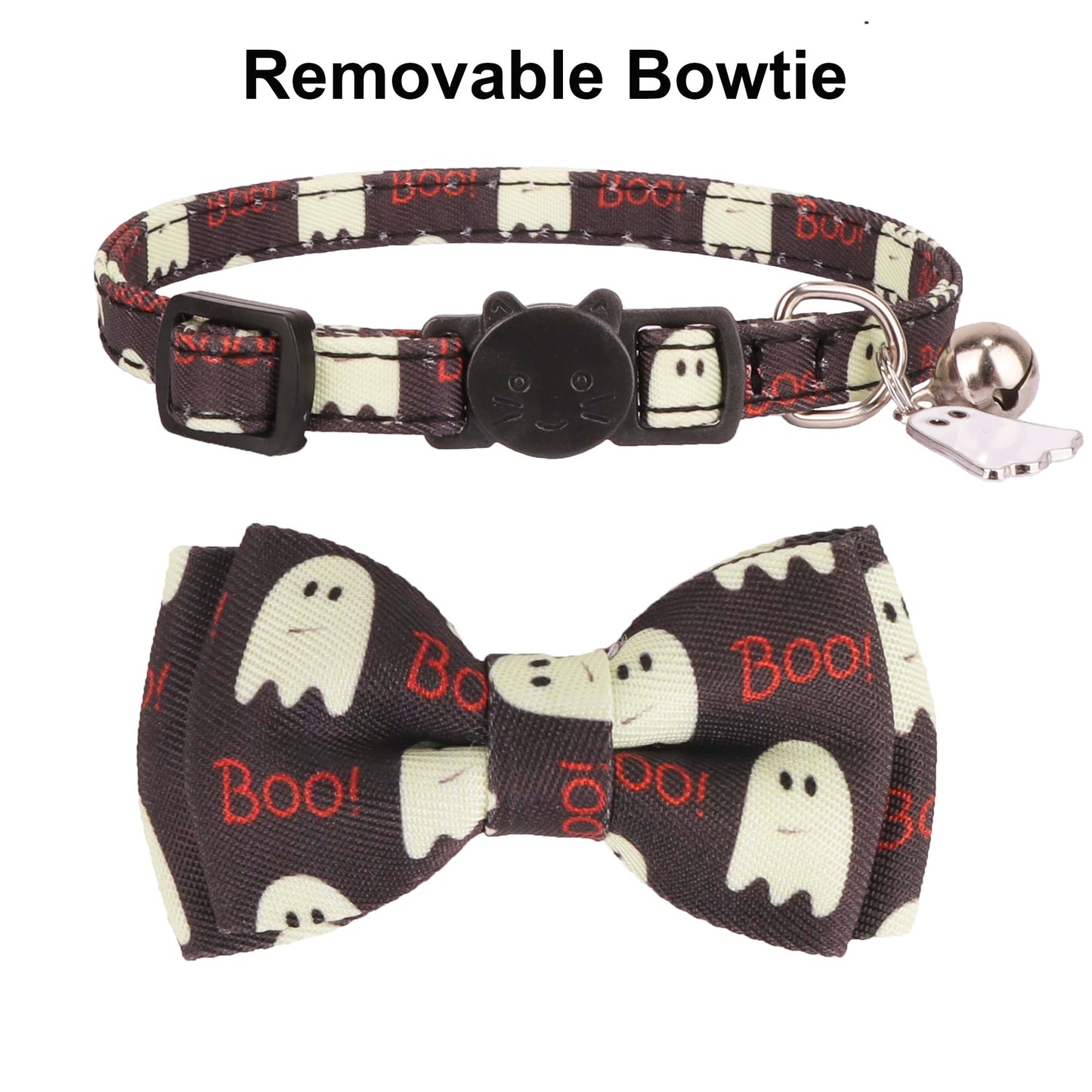 ADOGGYGO Halloween Cat Collar with Bowtie Bell, 2 Pack Halloween Kitten Collar with Removable Bow, Pumpkin Ghost Holiday Collars for Cat Kitten