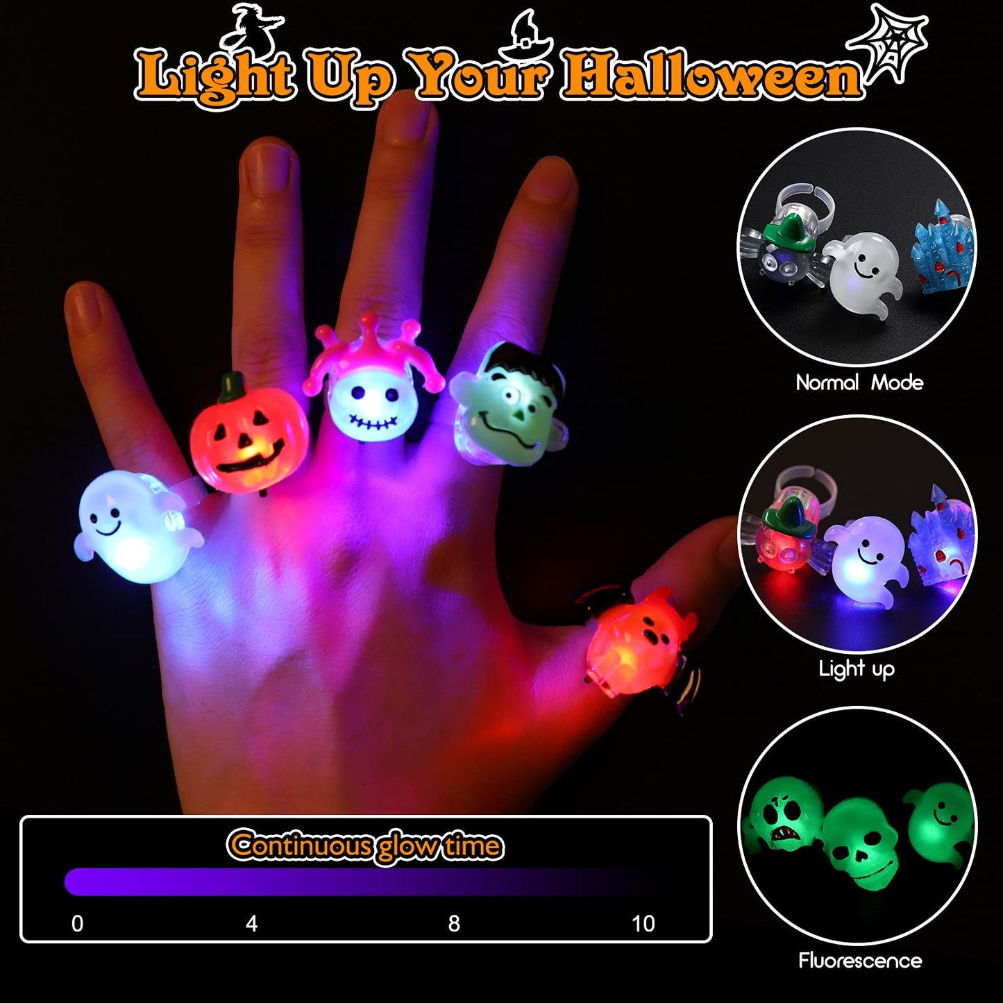 50pcs 3D Halloween Treats Toys Bulk Light Up Rings Gifts Halloween Party Favors for Kids Flashing LED Glow In The Dark Party Supplies Goodie Bag Fillers Stuffers Non Candy Treats Prizes Decorations