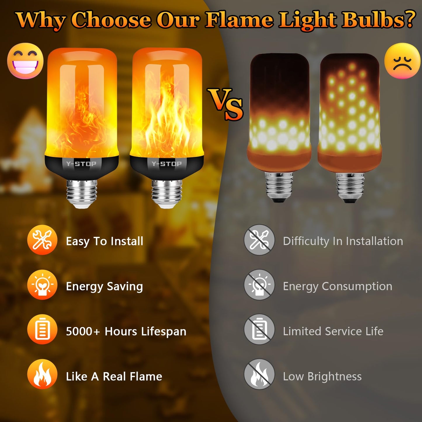 Y- STOP Upgraded LED Flame Light Bulbs, 4 Modes Flickering Light Bulb with Upside Down Effect, E26 Base Flame Bulb for Halloween Lights, Christmas Decorations Outdoor Indoor, Party Decor (2 Pack)