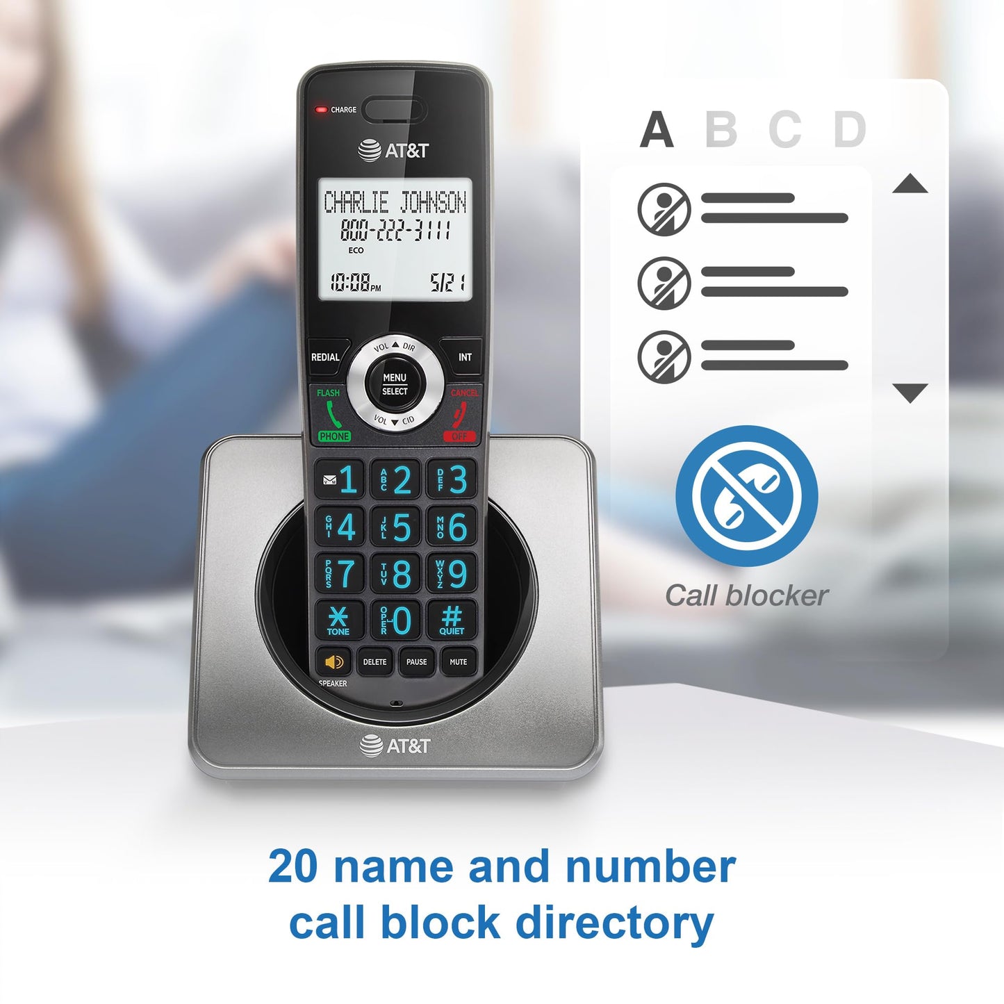 AT&T GL2101-2 DECT 6.0 2-Handset Cordless Home Phone with Call Block, Caller ID, Full-Duplex Handset Speakerphone, 2" White Backlit Display, Lighted Keypad (Graphite & Black)