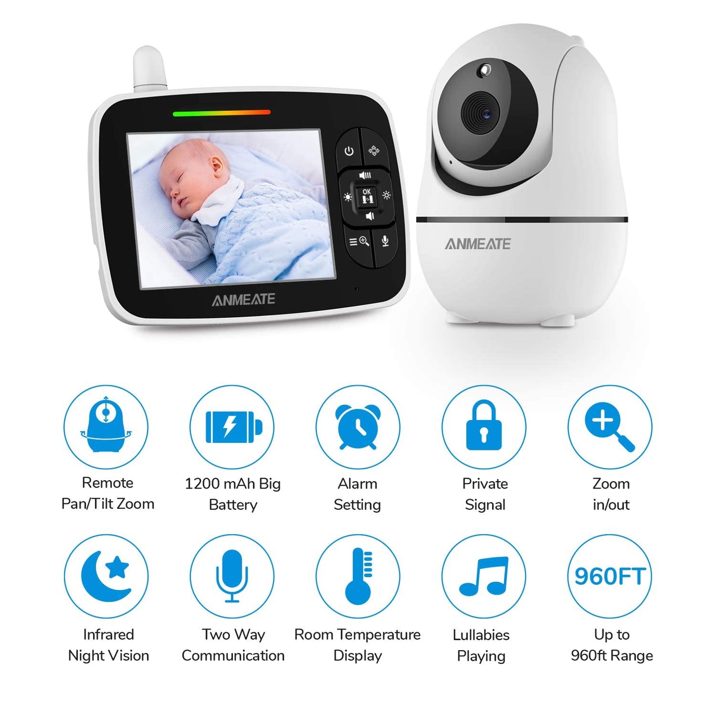 ANMEATE Baby Monitor with Remote Pan-Tilt-Zoom Camera,Large Display Video Baby Monitor with Camera and Audio |Infrared Night Vision |Two Way Talk | Room Temperature| Lullabies and 960ft Range(Black)