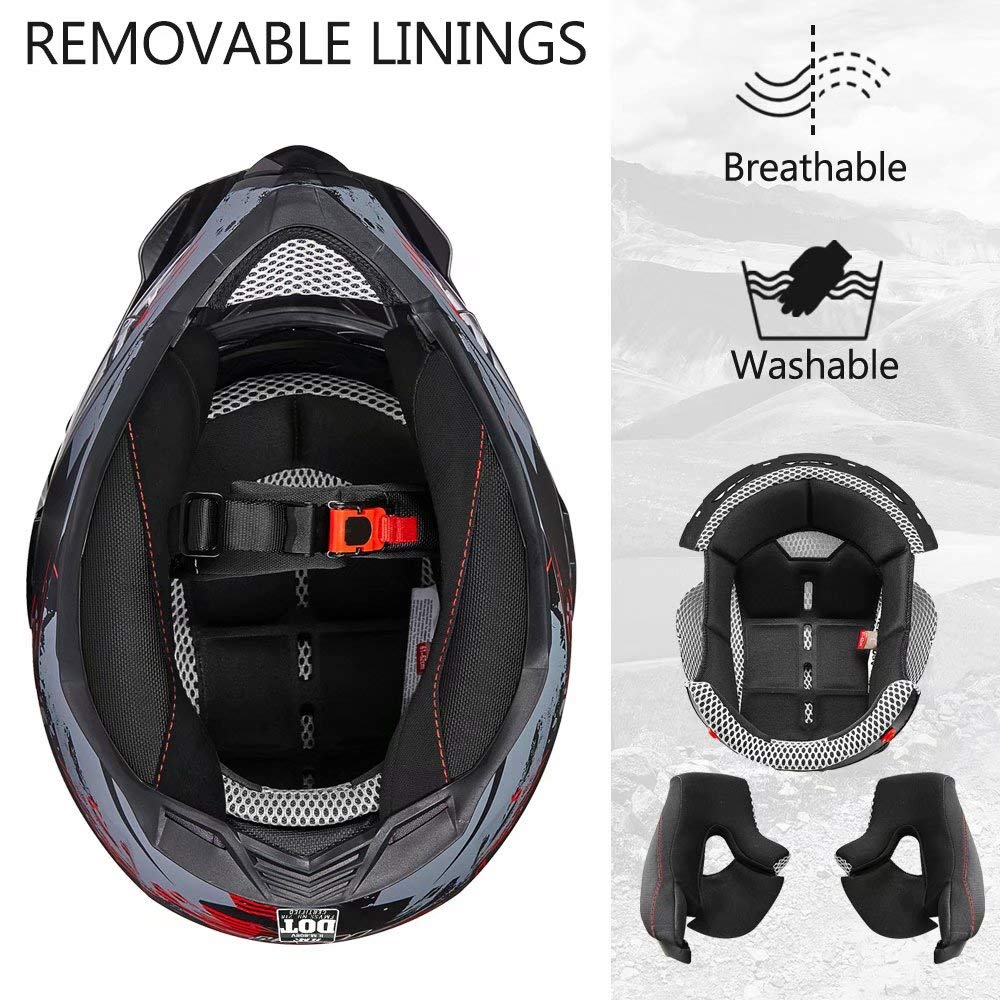 ILM Off Road Motorcycle Dual Sport Helmet Full Face Sun Visor Dirt Bike ATV Motocross Casco DOT Certified Model 606V(Grey Red, L)