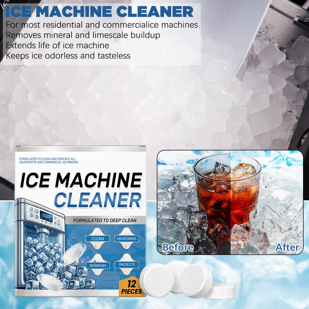 Ice Machine Cleaner Maker Descaler - 24 Clean Tablets- Bulk 1 Year Supply, Compatible with Opal,Frigidaire, Nickel Safe Scale Remover for Countertop, Nugget Ice Makers