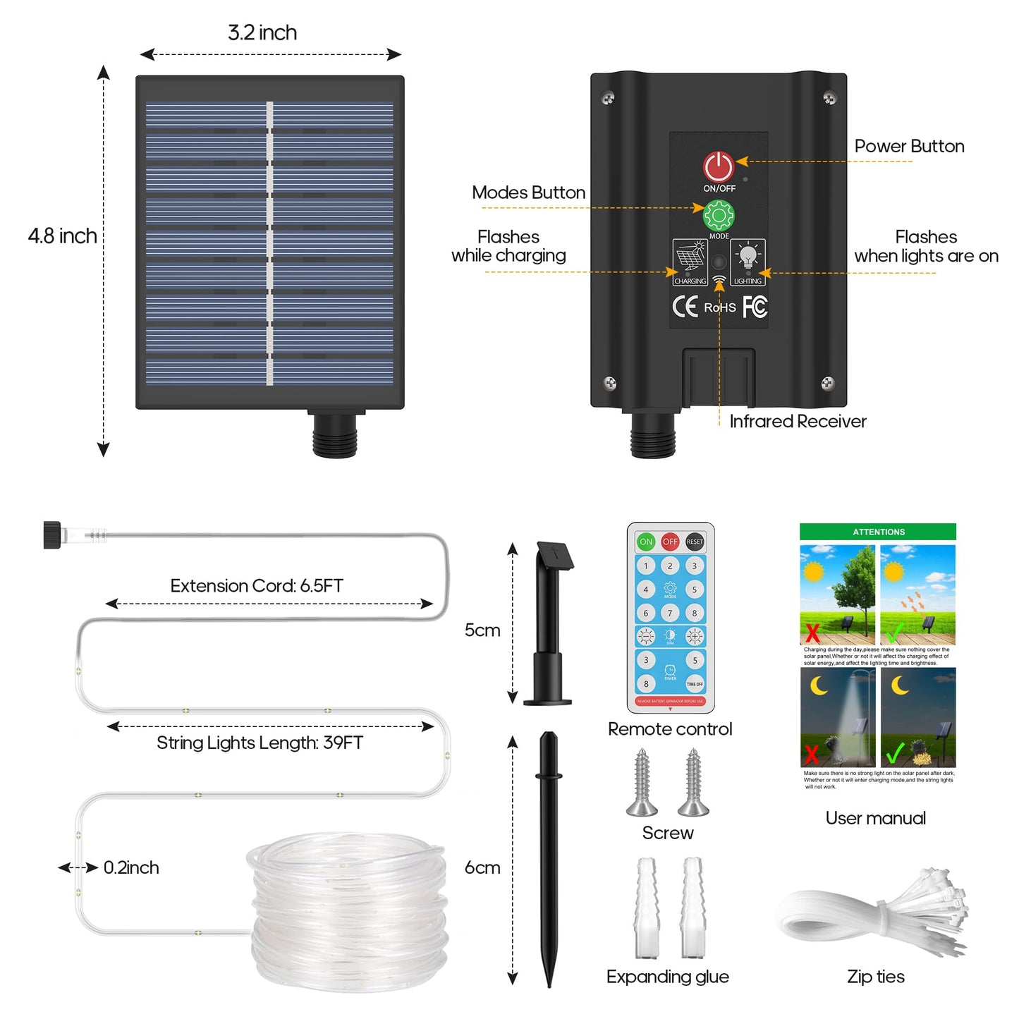ICRGB Solar Rope Lights, 66FT 200LED 1800mAh Outdoor Waterproof Solar Lights with Remote, IP67 String Light with Timing & 8 Modes for Garden Tree Pathway Yard Pool RV Christmas Decor, White