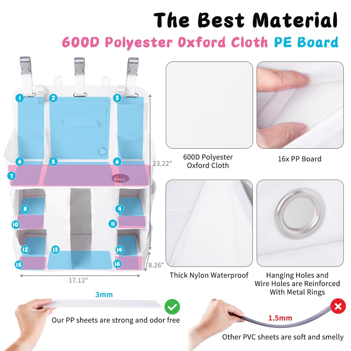 HHZ XL Hanging Diaper Caddy Organizer –Sturdy and Durable Baby Organizer – Diaper Stacker for Changing Table, Crib, Playard or Wall & Nursery Organization (White)