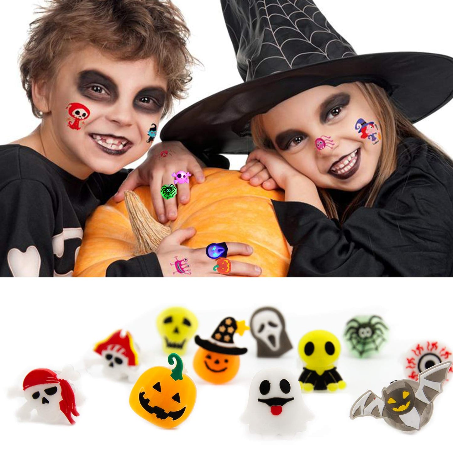 54PC Halloween Light Up Ring Halloween Party Favors LED Glow Ring for Kids Non Candy Gift (12 Styles Flashing Rings)