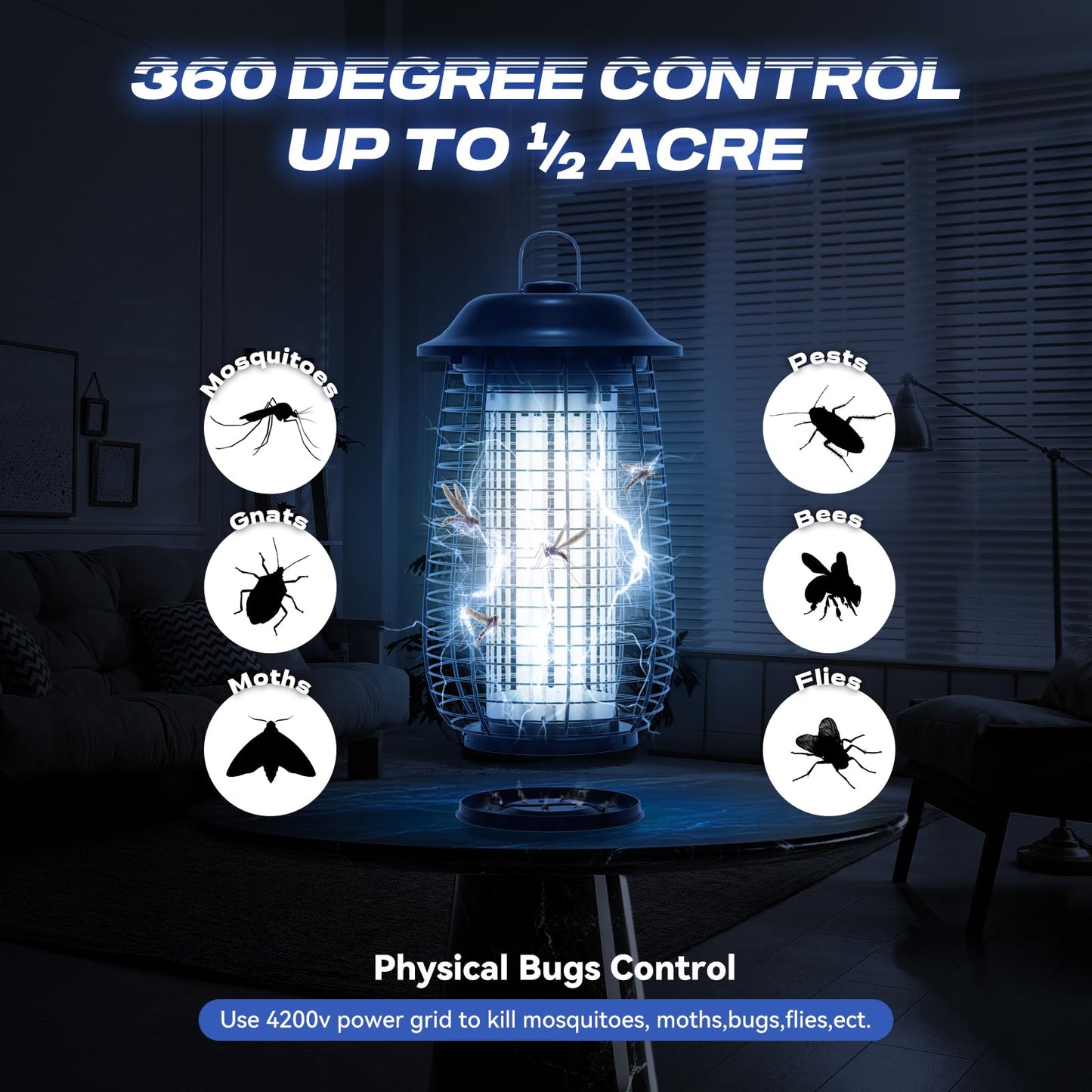 Bug Zapper Indoor & Outdoor, 4200V Electric Mosquito Zapper, 10 Years Lifespan, 6.5ft Power Cord, Waterproof, Fly Trap Mosquito Trap, Fly Killer Fly Zapper for Home, Patio, Kitchen, Backyard, Camping