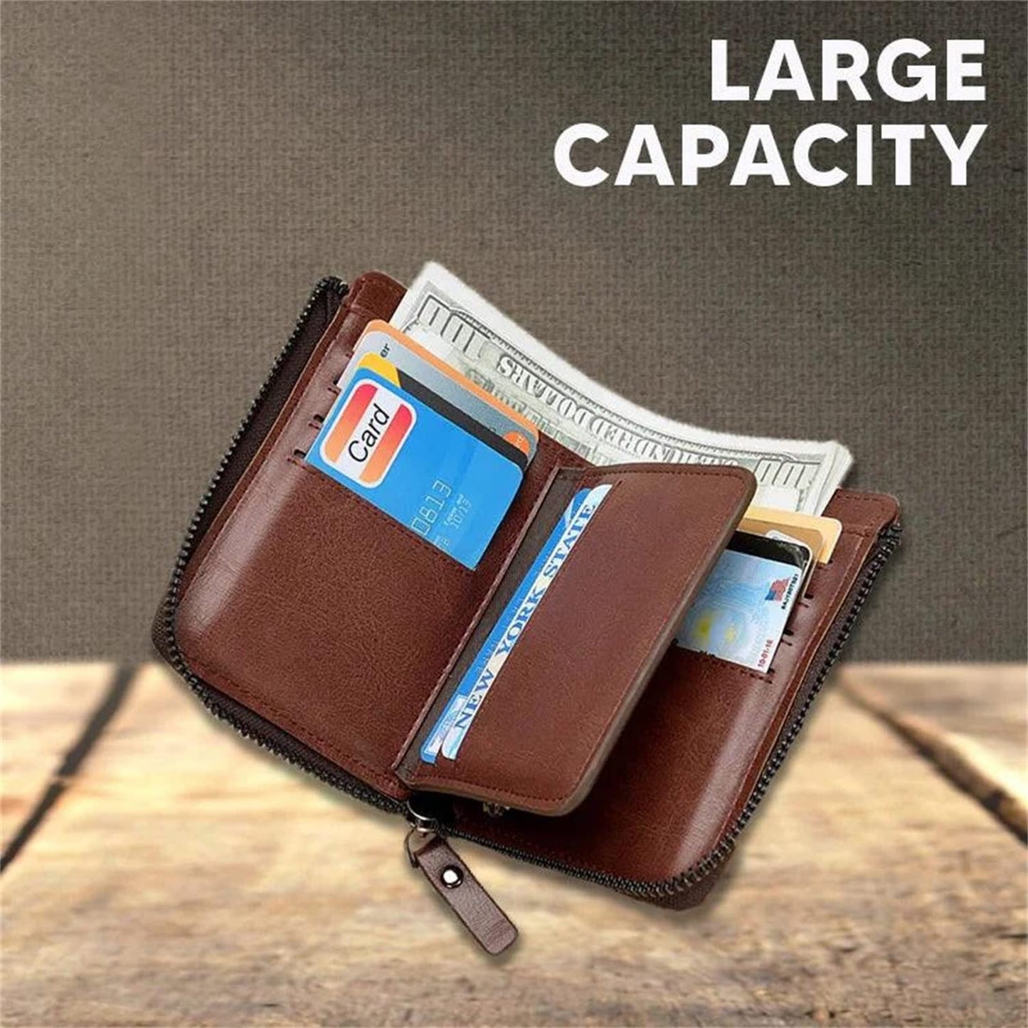 2023 New Multi-Functional RFID Blocking Waterproof Durable PU Leather Wallet, Large Capacity Zipper Wallets for Men Holds 1-14 Cards, Soft Slim Genuine Leather RFID Blocking Wallet Technology (KHAKI)
