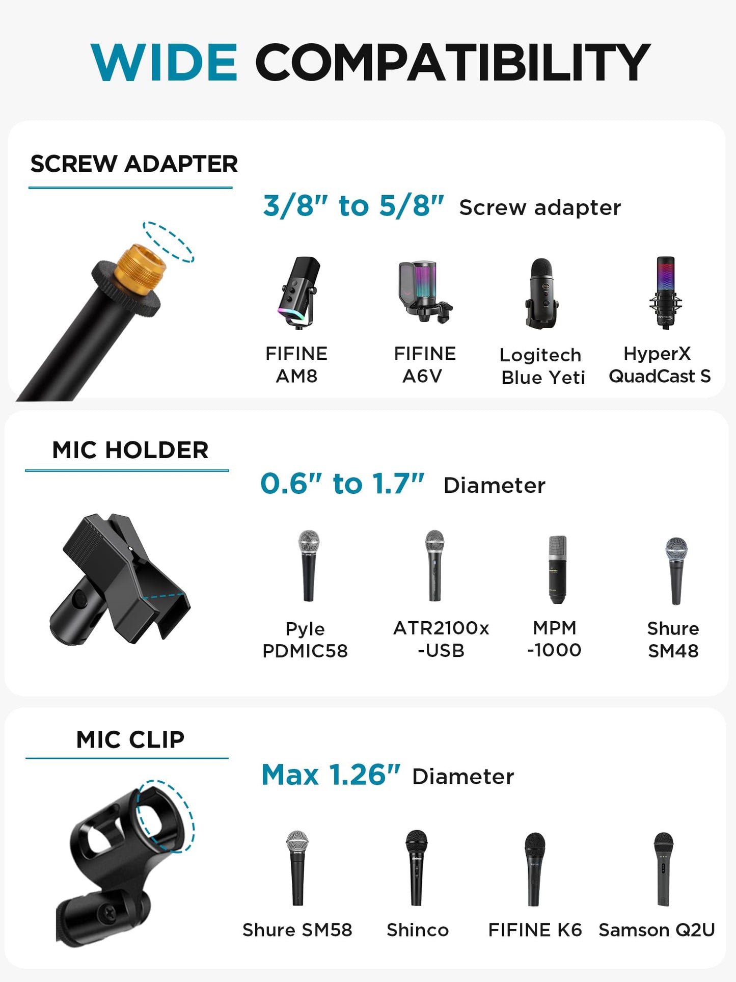 InnoGear Microphone Stand, Tripod Boom Arm Floor Mic Stand Height Adjustable Heavy Duty with Carrying Bag 2 Mic Clips 3/8" to 5/8" Adapter for Singing Podcast for Blue Yeti Shure SM58 SM48 Samson Q2U