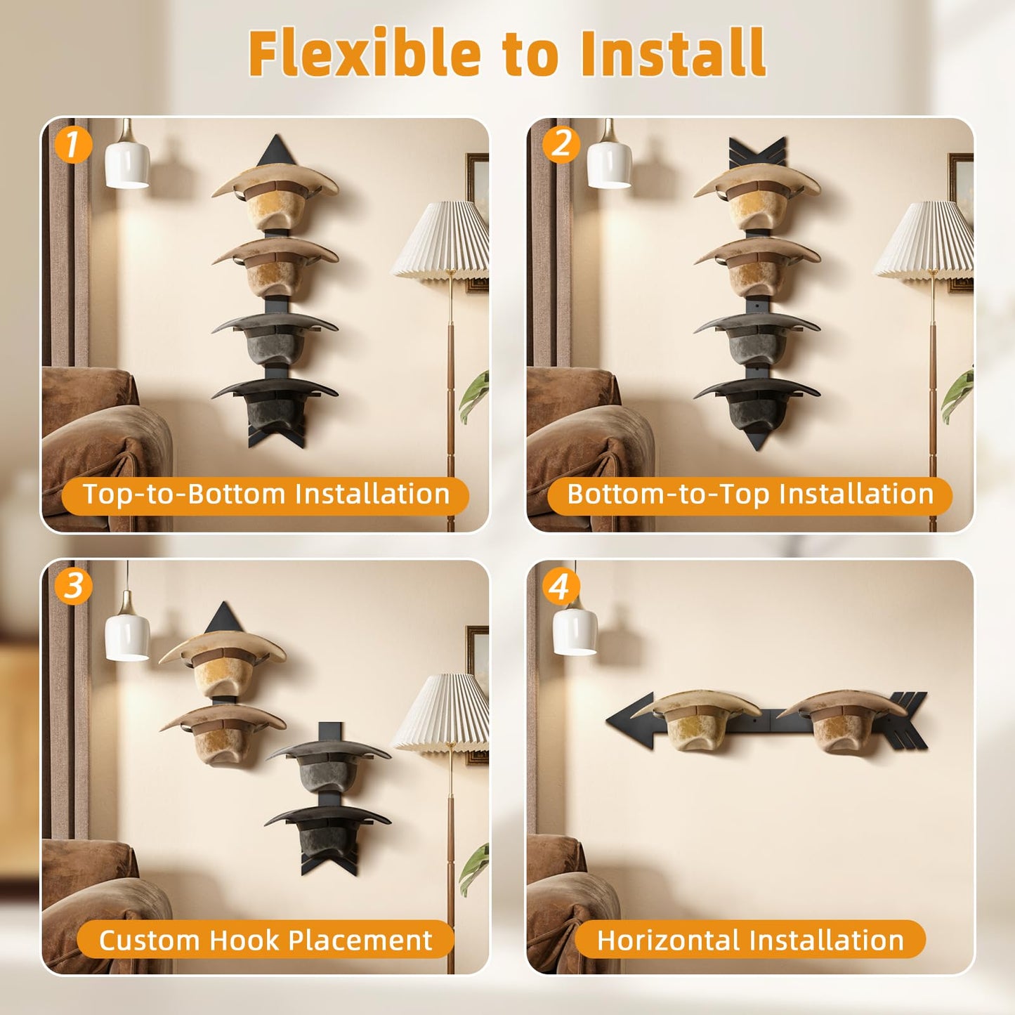 HYDERMUS Hat Organizer for 10 Baseball Caps and 3 Cowboy Hat Cowboy Hat Rack for Wall with Solid Wood Arrow Hat Storage Cowgirl Hat Hanger Closet Storage and Organizer Black