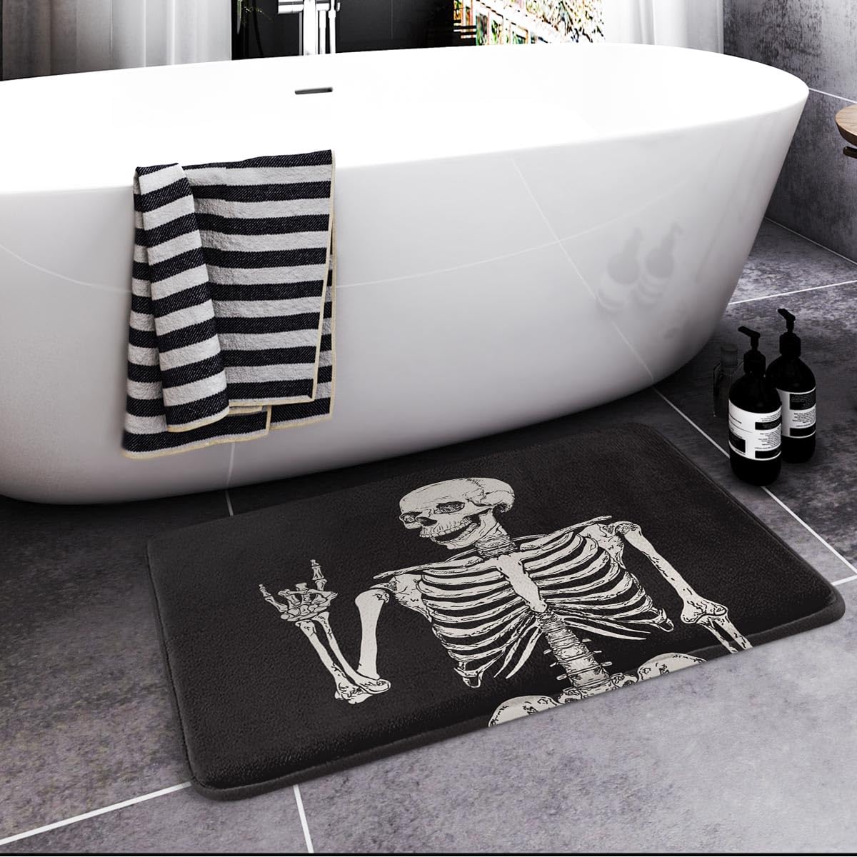 Britimes Bath Mat for Bathroom, Rock and Roll Skeleton Skull Washable Cover Floor Rug Carpets Floor Mat Bathroom Decorations 16x24 Inches for Kitchen Bedroom Indoor