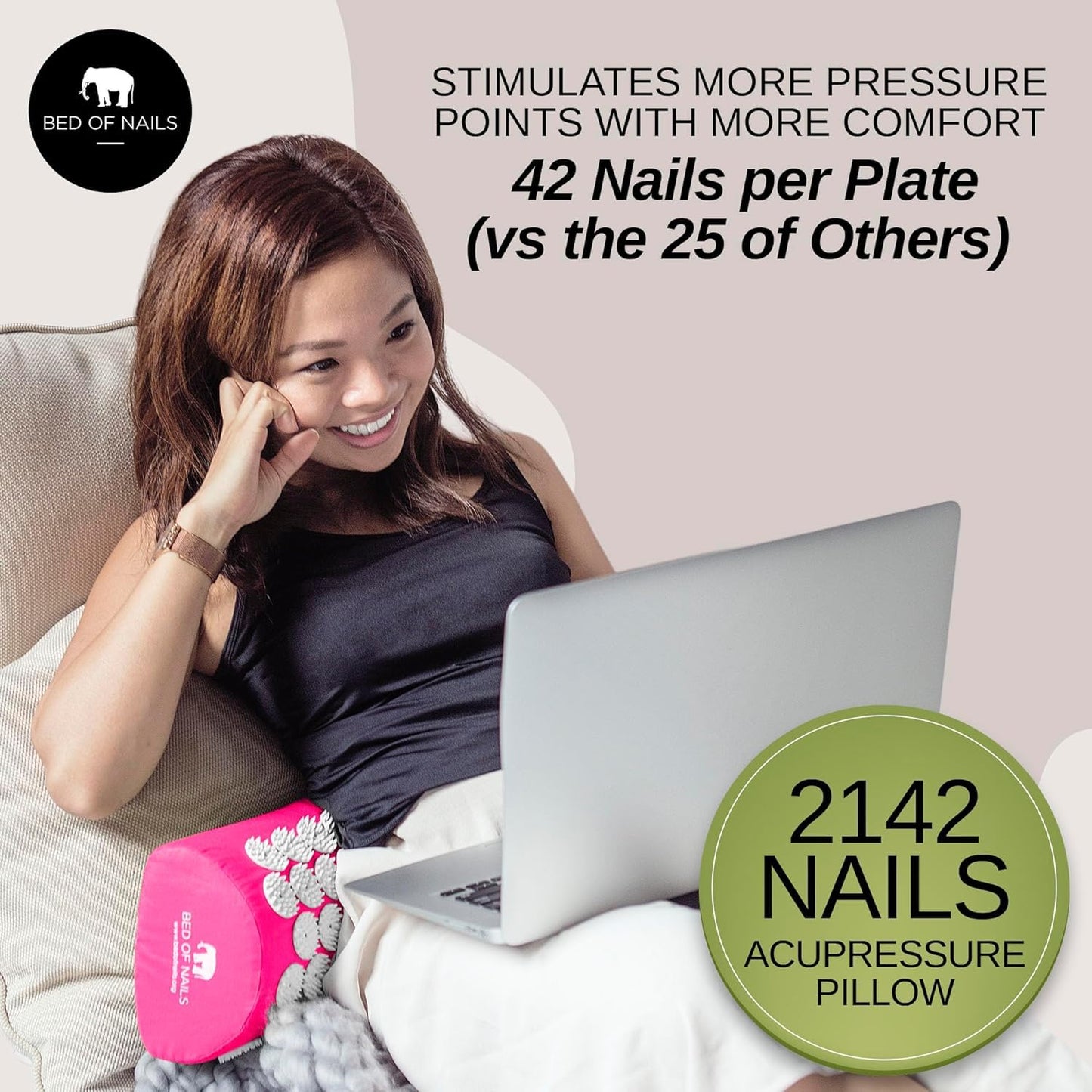 BED OF NAILS Original Comfortable Acupressure Lumbar Cushion Pillow, 2142 Acupuncture Pressure Points, Neck Pain Relief, Increased Energy, Relaxation, FSA/HSA Eligible, Drawstring Bag, 15x6x4, Pink