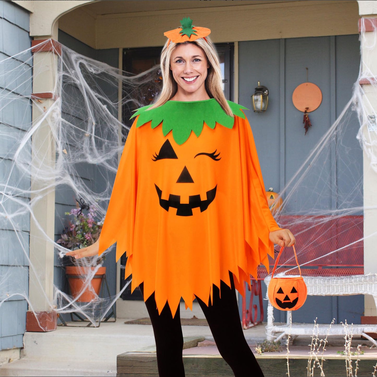 WISHTEN 3PCS Halloween Pumpkin Costume for Women,Pumpkin Poncho for Adults with Headband & Bag,Halloween Costume for Women