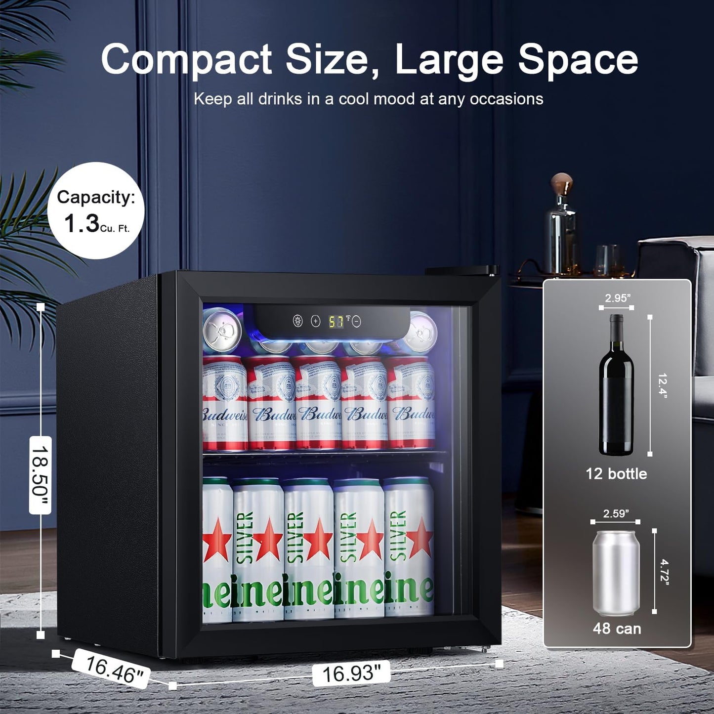 Antarctic Star Mini Fridge Cooler - 12 Bottle 48 Can Beverage Refrigerator Glass Door for Drinks or Beer Wine –Small Drink Dispenser for Home, Office or Bar, Electronic Temperature Control,1.3cu.ft.