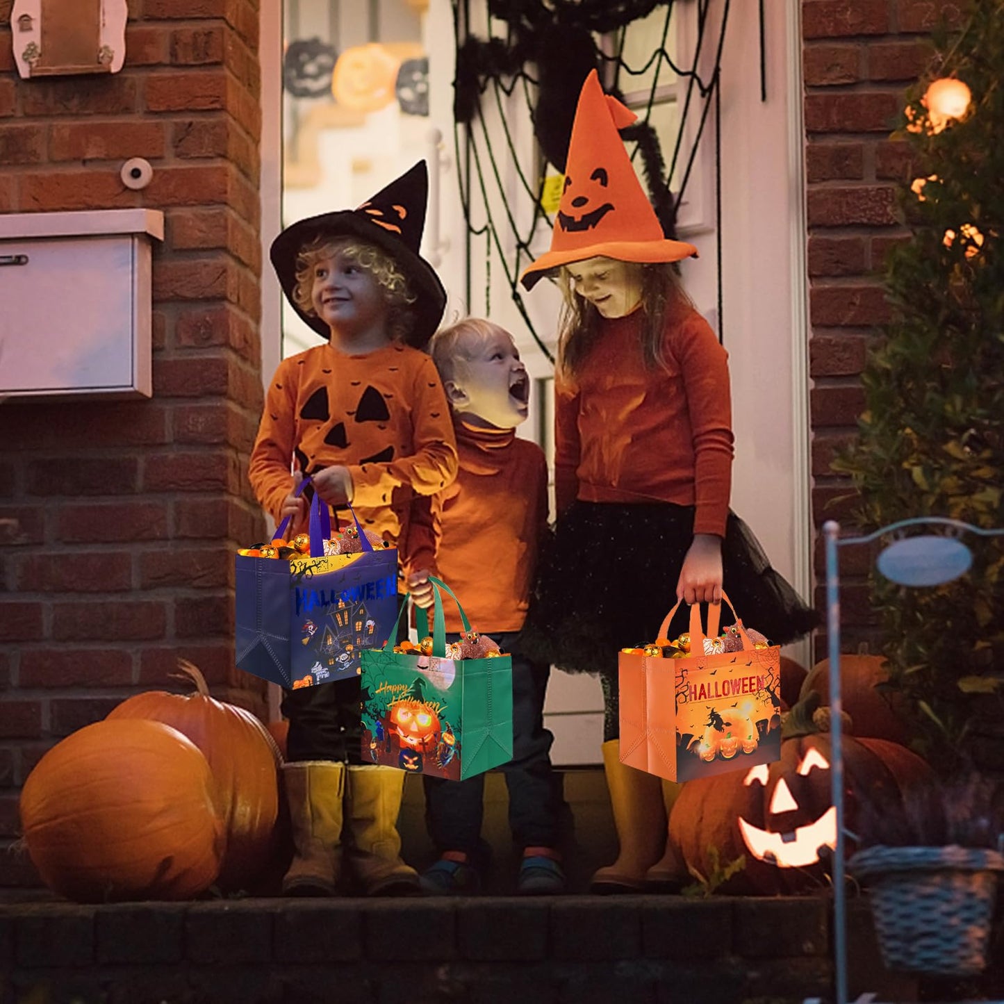 AhfuLife 12 Pcs Halloween Trick or Treat Bags, Candy Tote Bags with Handles, Reusable Non-Woven Gift Bag for Halloween Party Supplies Favors (7.8×7.8×5.9’’)