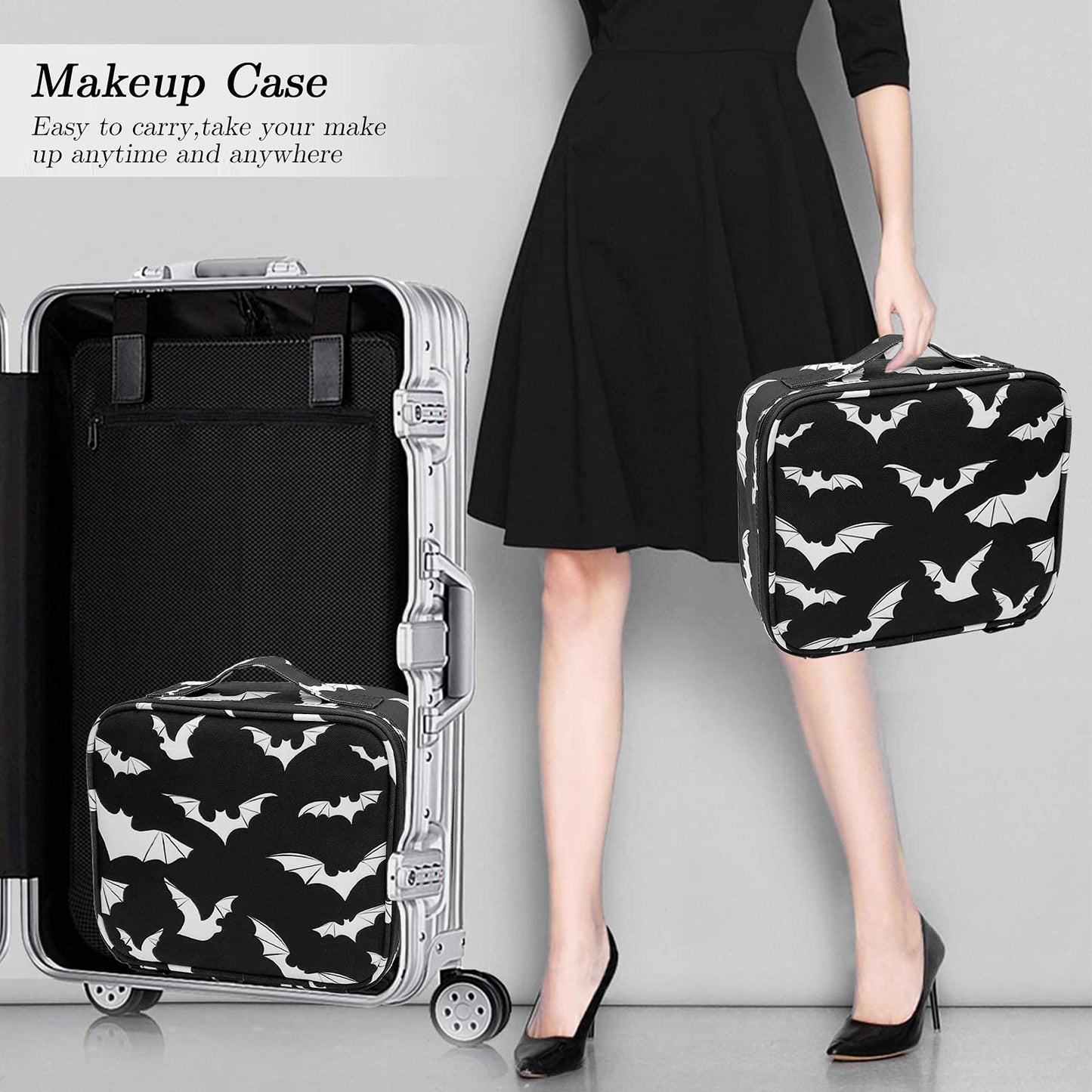 9CH Goth Makeup Organizer Bag, Halloween Makeup Bags Large Cosmetic Bag with Adjustable Dividers Portable Bat Cosmetic Case for Make up Brushes Toiletry Jewelry(Black Bats)