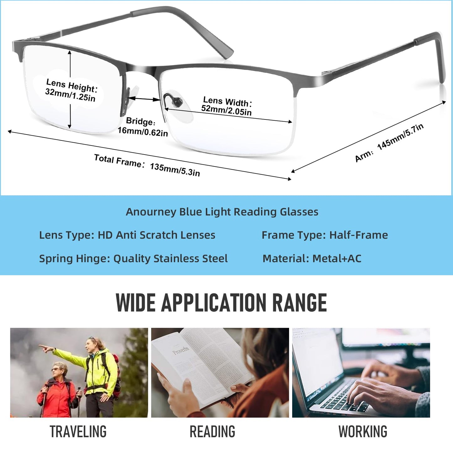 Anourney Blue Light Blocking Glasses, Lightweight Metal Half Frame Computer Reading/Gaming/TV/Phones Glasses,Filter UV Ray/Computer Glare with Spring Hinge Eyeglasses(2PCS Black)