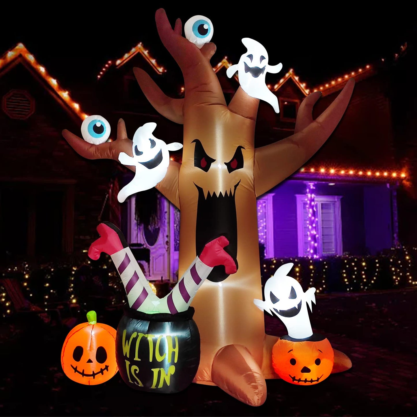 8 Ft Halloween Inflatables Outdoor Decorations - Outdoor Spooky Halloween Tree with Blow up Ghosts, Eyeballs, Pumpkins, Cauldron & Witch Legs - Built-in LED Lights for Outdoor Lawn Decor