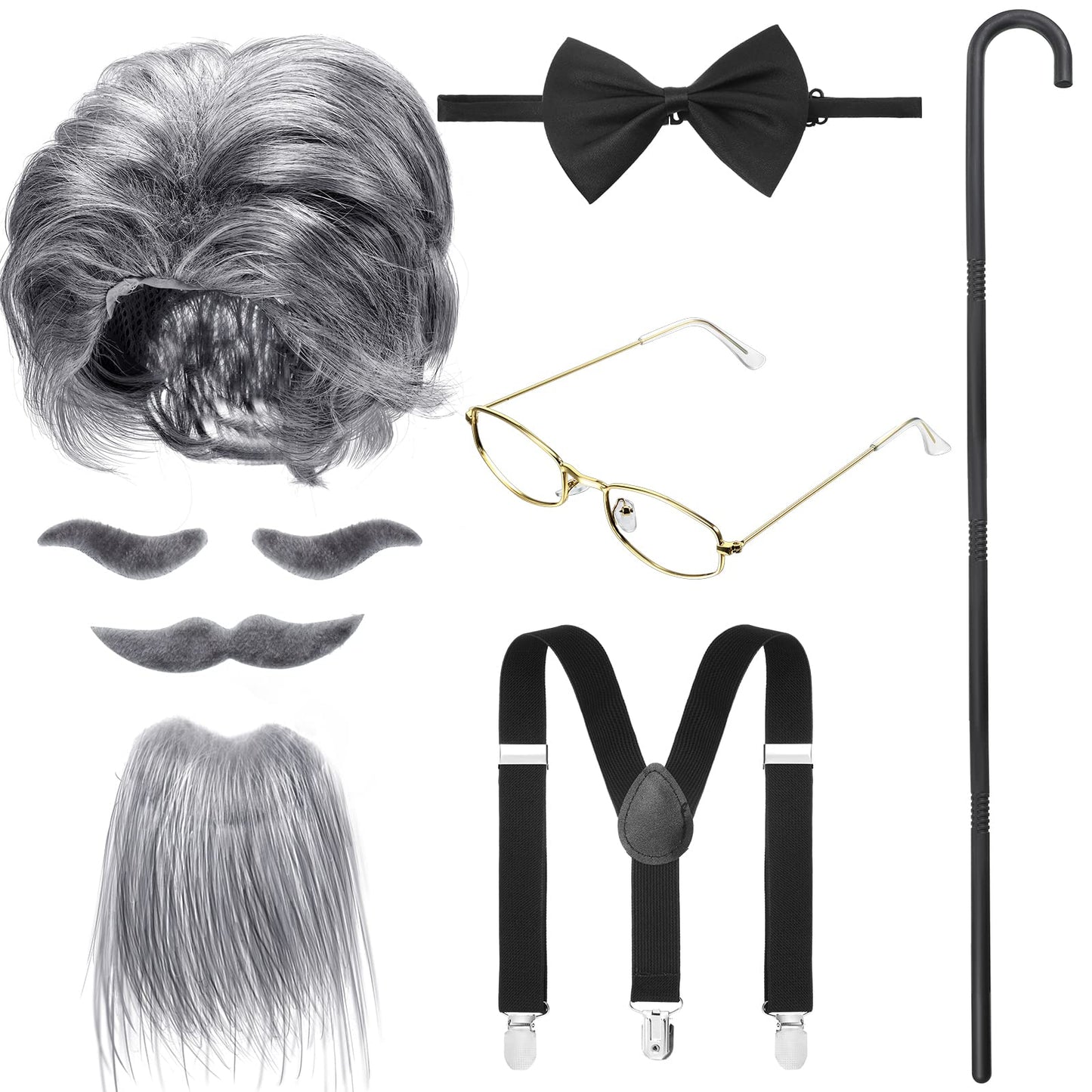 WILLBOND 8 Pcs Old Man Costume Old Man Wig Cane Glasses Faux Eyebrows Mustache Suspenders Bow Tie for Grandpa Halloween Cosplay(Dark Gray)