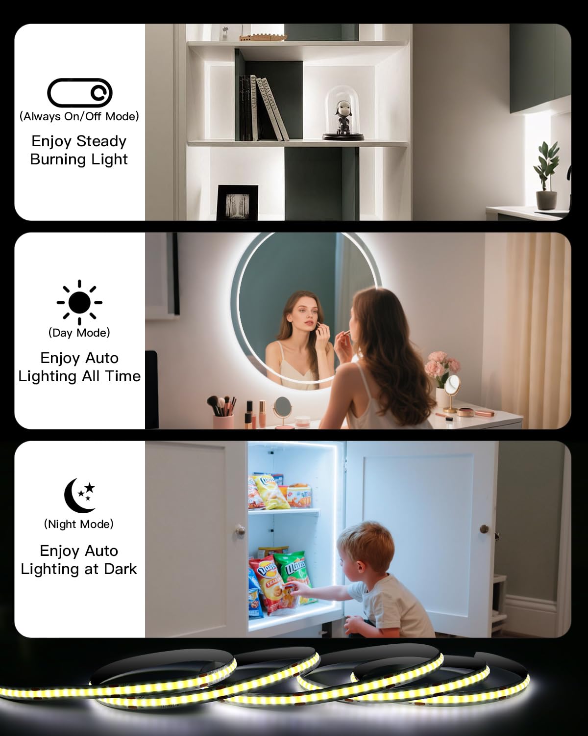 Amagle Under Cabinet Lights, 60 Leds Dimmable Motion Sensor Light Indoor, 2200mAh Rechargeable Battery Closet Lights, 6000K White COB Led Strip Lights for Bedroom, Kitchen, Stair, Shelf, 2 Pack,6.56FT