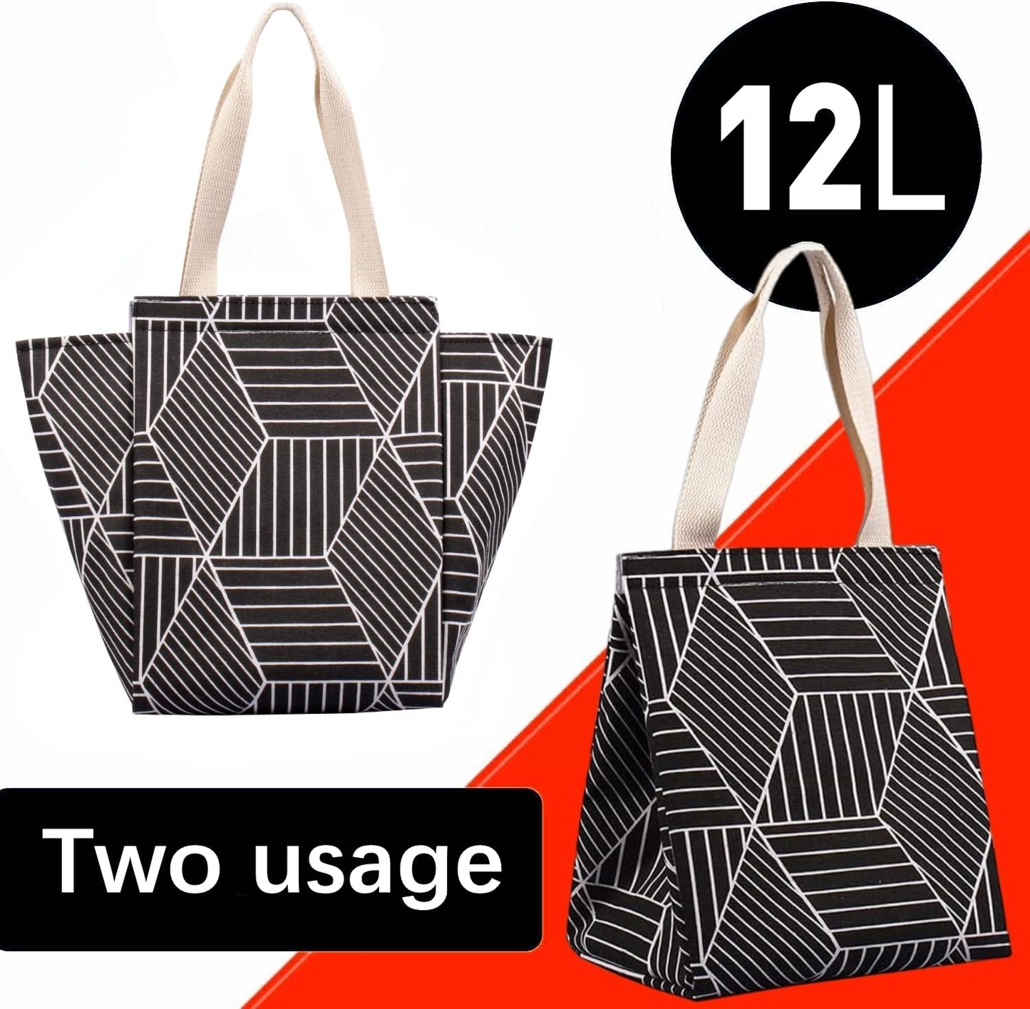 iknoe Insulated Lunch Bag for Women & Adults, 9L Foldable Wide-Open Cooler Bag with Pockets, Leakproof & Portable, for Picnic, Office, Beach, Black Rhombus