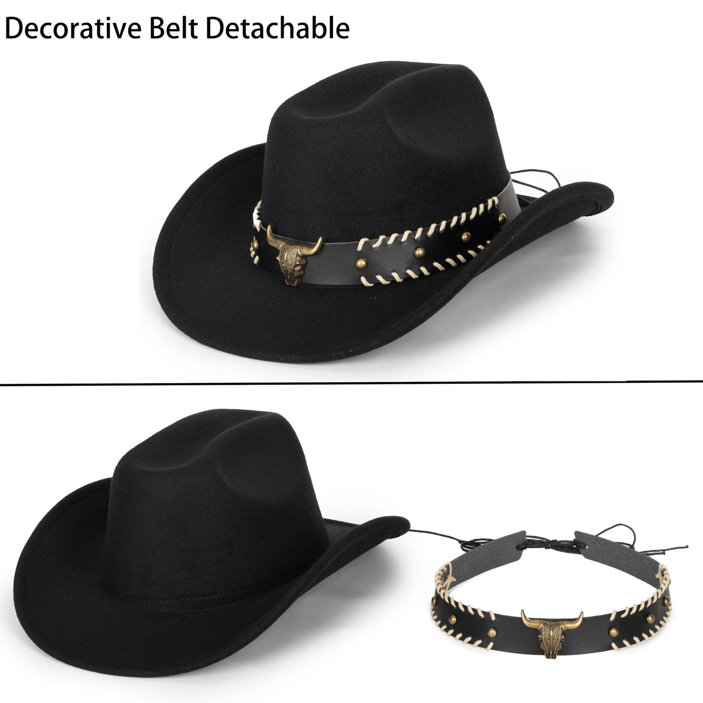 Women & Men Felt Western Cowboy Hat Classic Roll Up Brim Belt Buckle Cowgirl Fedora (M)