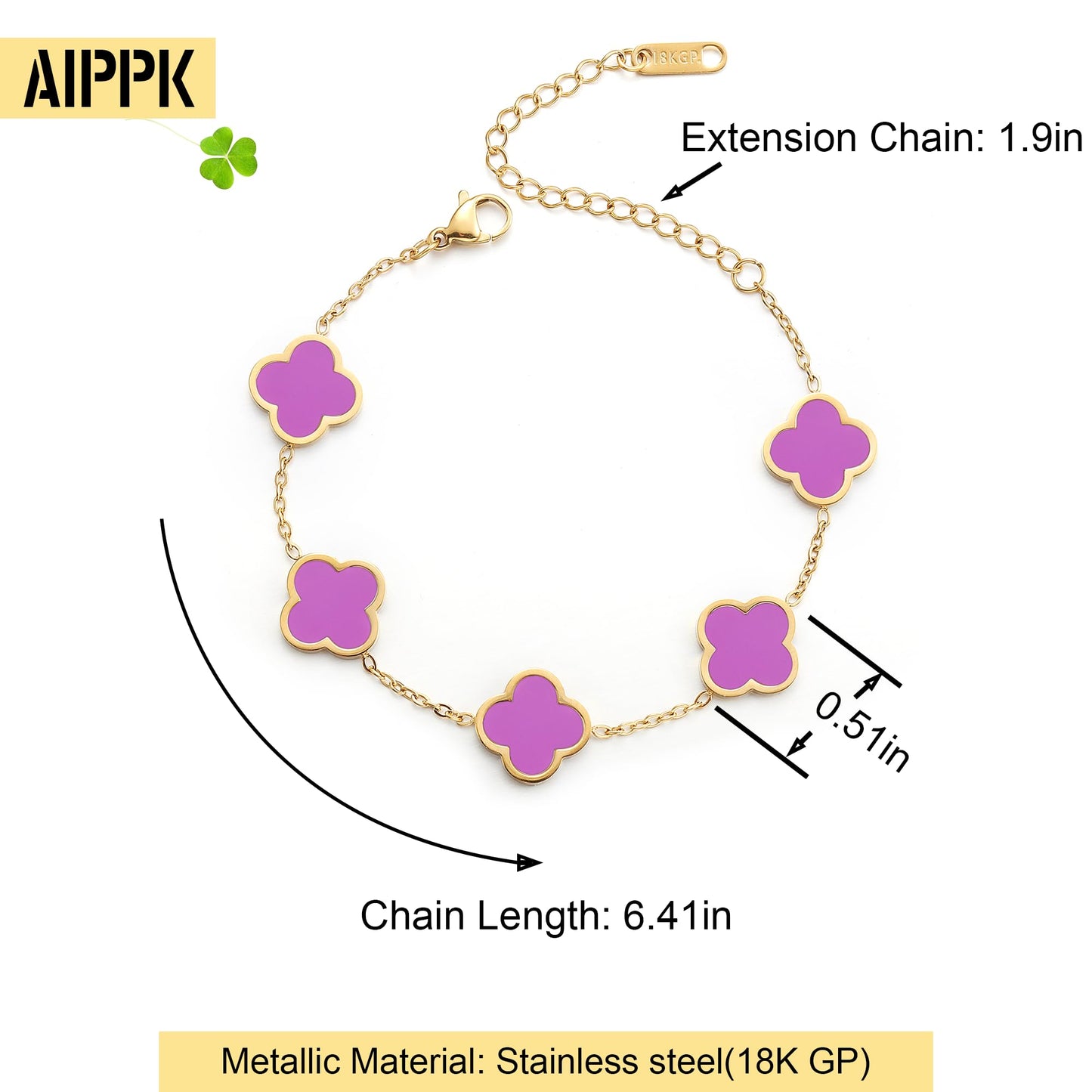 AIPPK 18K Gold Plated Clover Lucky Bracelet for Women White/Black/Red/Green Flower Four Leaf Link Bracelets Trendy Jewelry Gifts for Women (Purple)
