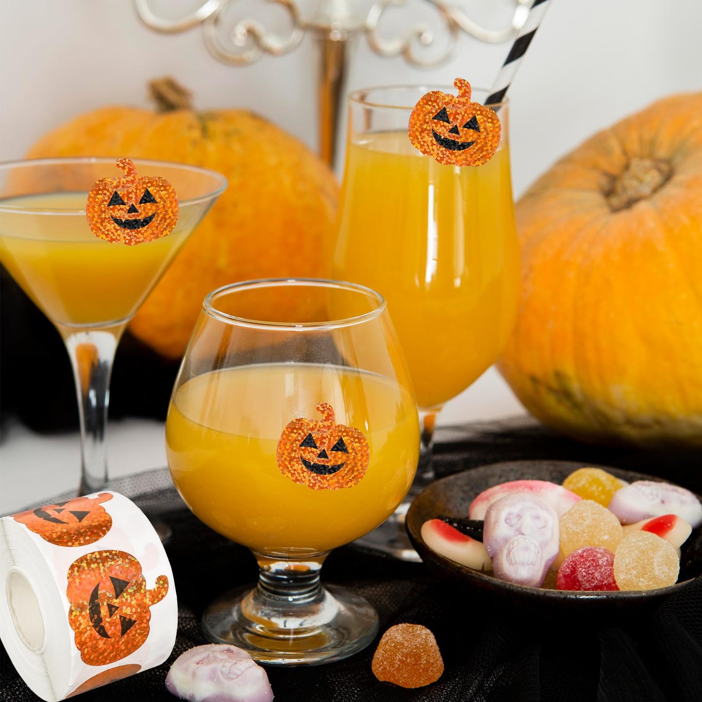 Whaline Halloween Pumpkin Stickers Roll Laser Pumpkin Shape Waterproof Decals Orange Sparkly Self-Adhesive Stickers for Halloween Trick or Treat Party Envelope Scrapbook Decor, 500Pcs