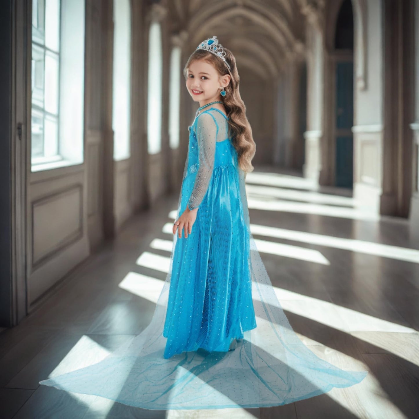 AHLPO Elsa Dress for Girls Princess Dress Up Halloween Cosplay Elsa Costume Fancy Dress Birthday Outfit with Accessories