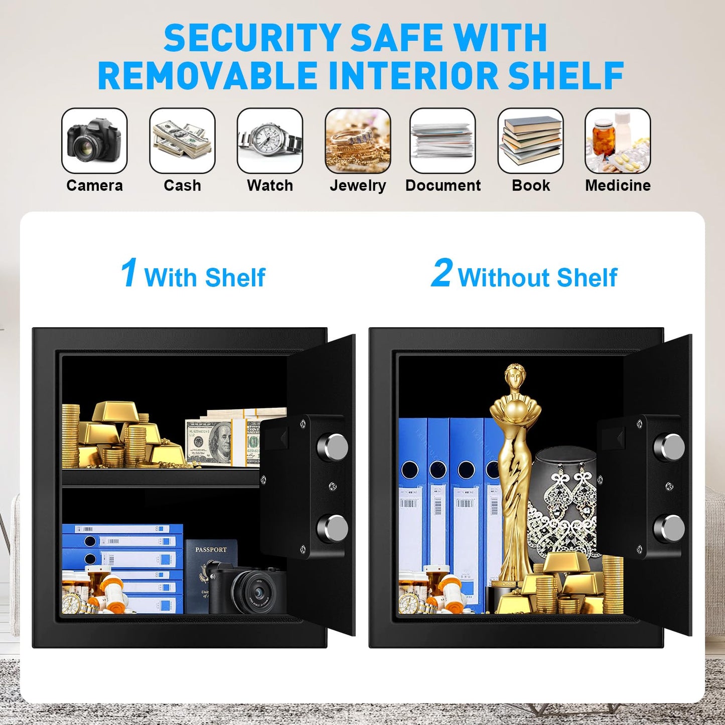 2.3 Cuft Fire proof Safes for HOME USE, Digital Security Safe Box with Programmable Keypad and Spare Keys, Safety Box for Home Office Business, Document Safe for Money Medicine Valuables