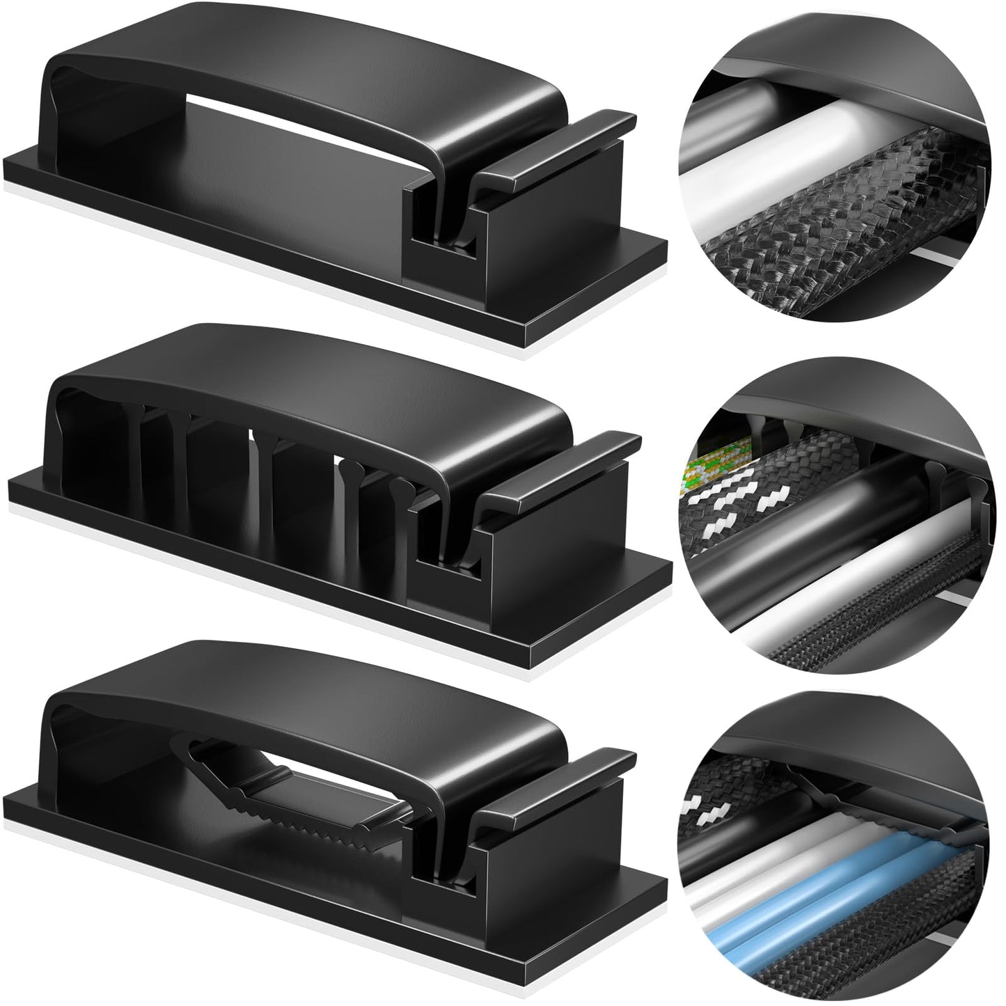 Cable Clips 50Pcs, Cable Management Under Desk Self Adhesive Cable Management Clips, 3 Functions Cord Holder, Large Cable Organizer Wire Keeper for Home Office Desk Phone Car Wall Desktop (Black)