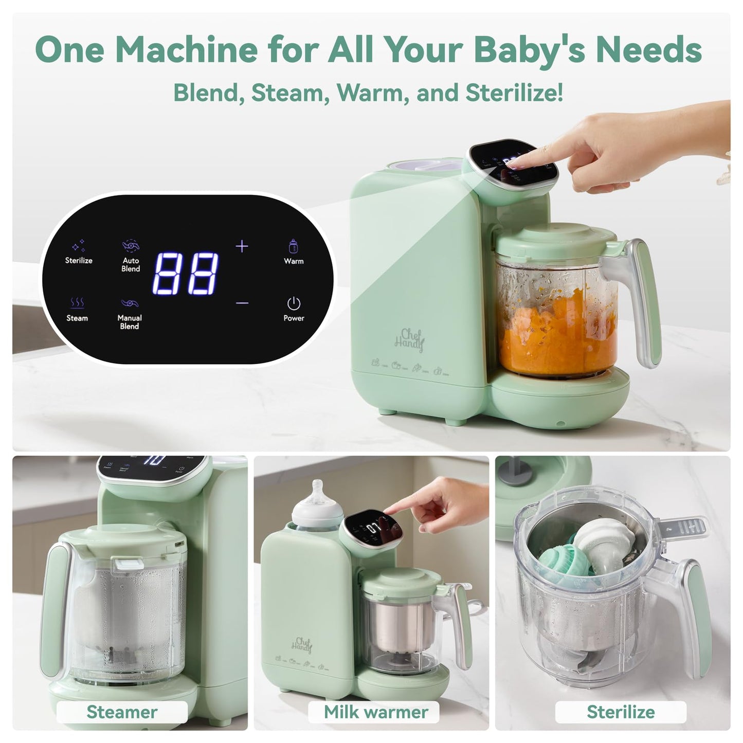 Baby Food Maker, 5 in 1 Baby Food Processor with Steaming Basket, Auto Cooking & Grinding, Touch Screen Control, Baby Steamer and Blender, Baby Food Puree Maker Warmer Mills Machine (Green)