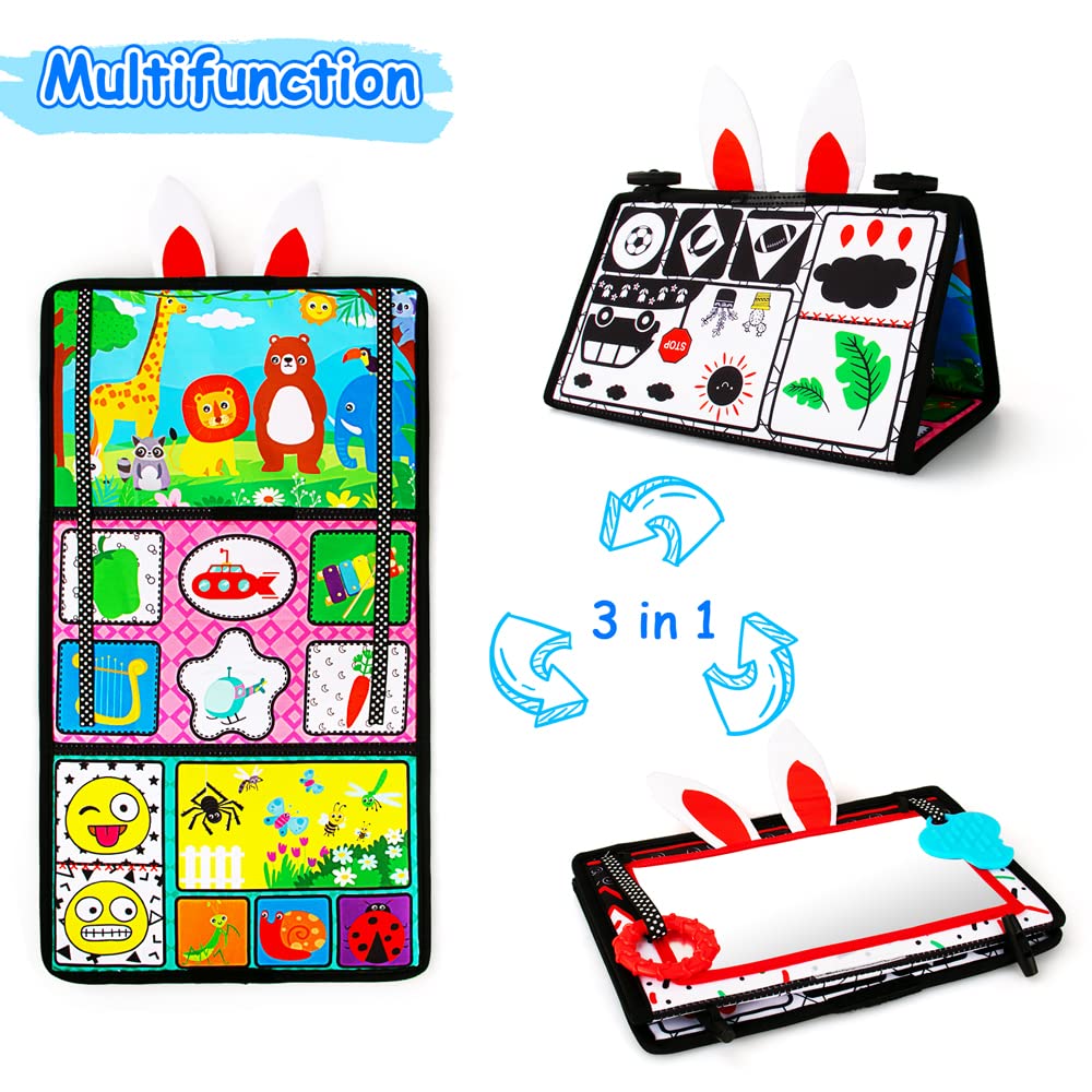 Inbeby Tummy Time/Baby Mirror Toys, Black and White High Contrast Tabletop Mount Baby Newborn Toys 0 3 6 Months Brain Development, Sensory Texture Piano Infant Toys 0 3 6 Months with Squeaker