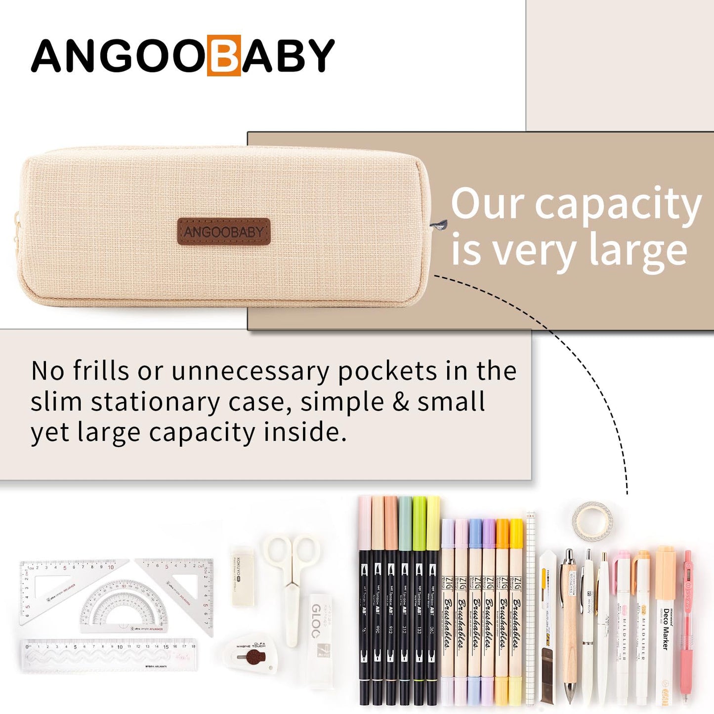 ANGOOBABY Small Pencil Case Student Pencil Pouch Coin Pouch Cosmetic Bag Office Stationery Organizer For Teen School-Beige