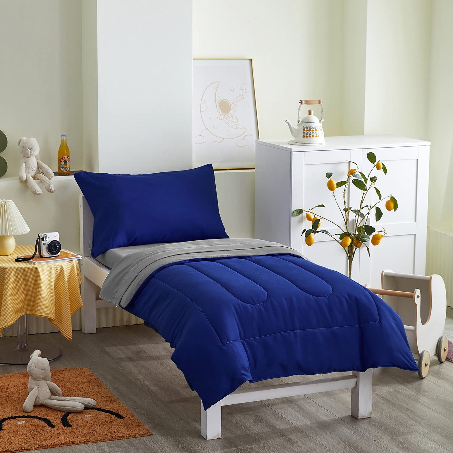 4 Pieces Toddler Bedding Set Ultra Soft and Breathable Toddler Comforter Sheet Set for Autumu and Winter- Includes Warm Comforter, Flat Sheet, Fitted Sheet and Pillowcase - Royal Blue & Gray