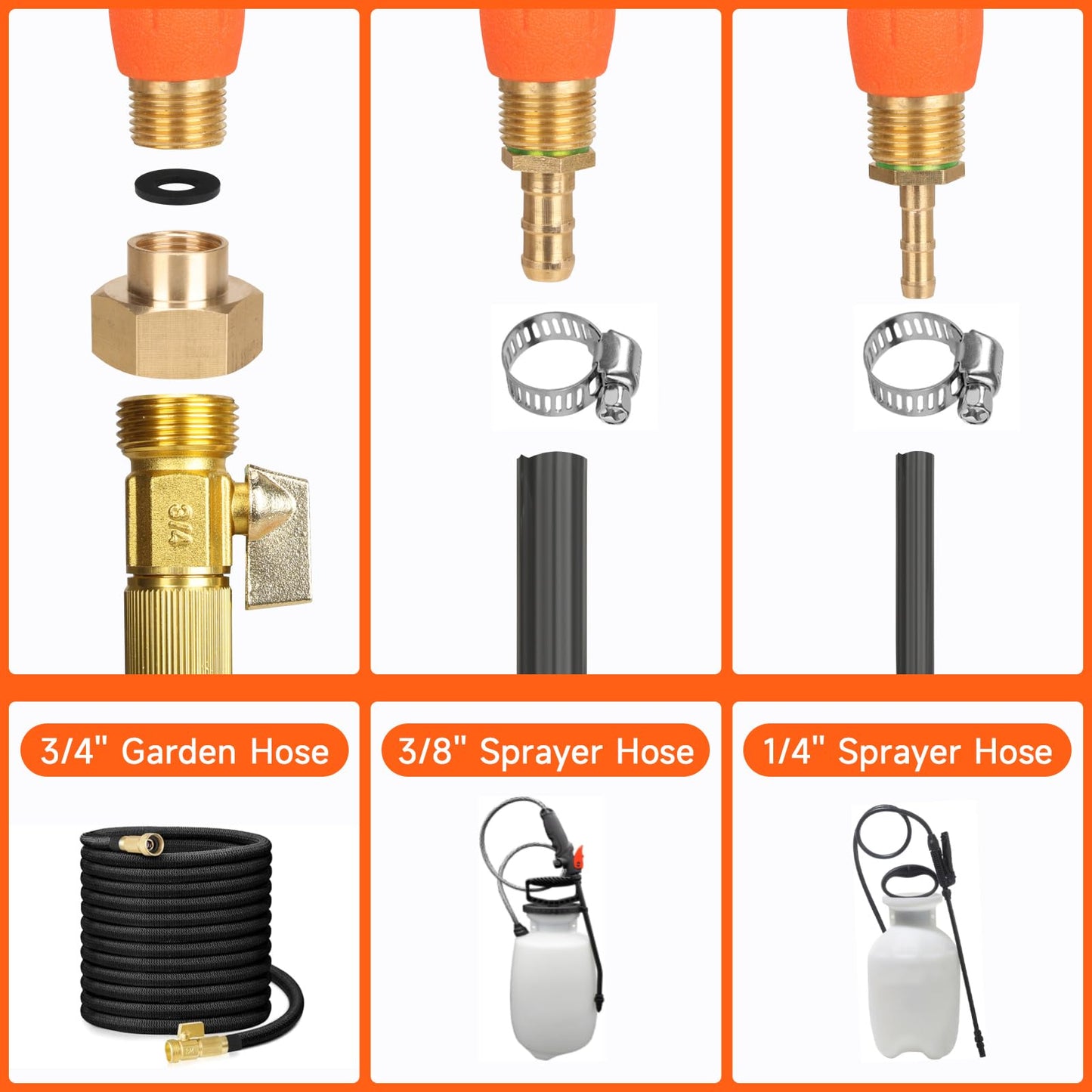 All Metal 44 Inches Replacement Sprayer Wand, Garden Hose Watering Wand with 3/4'' Brass Connector, 1/4" & 3/8" Brass Barb for Most Sprayer Hoses, Built-in Stainless Steel & 2 Hose Clamps