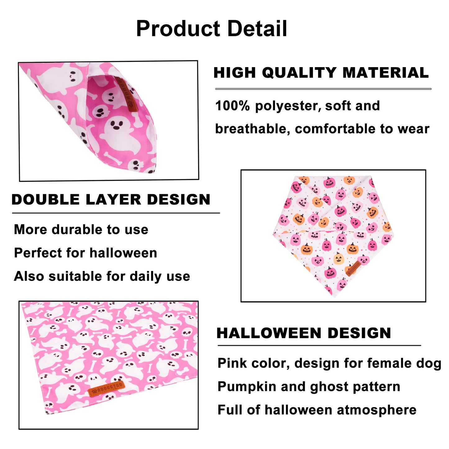 ADOGGYGO Halloween Dog Bandana, Pink Pumpkin Ghost Pet Scarf, Premium Durable Fabric, Adjustable Fit Female Halloween Bandanas for Medium Large Dogs Pets (Large)